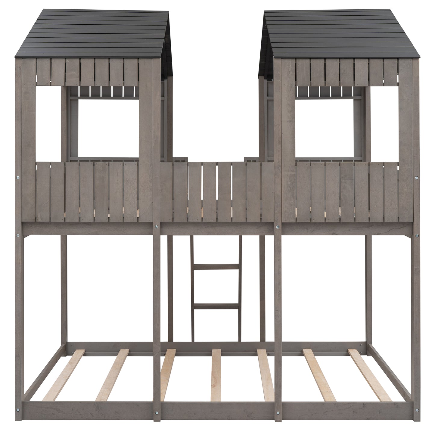 Gray twin over twin bunk bed with ladder and playful house design