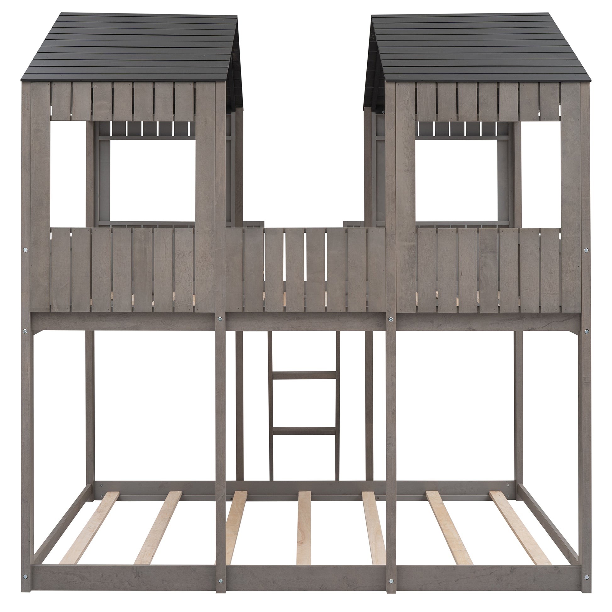 Gray twin over twin bunk bed with ladder and playful house design