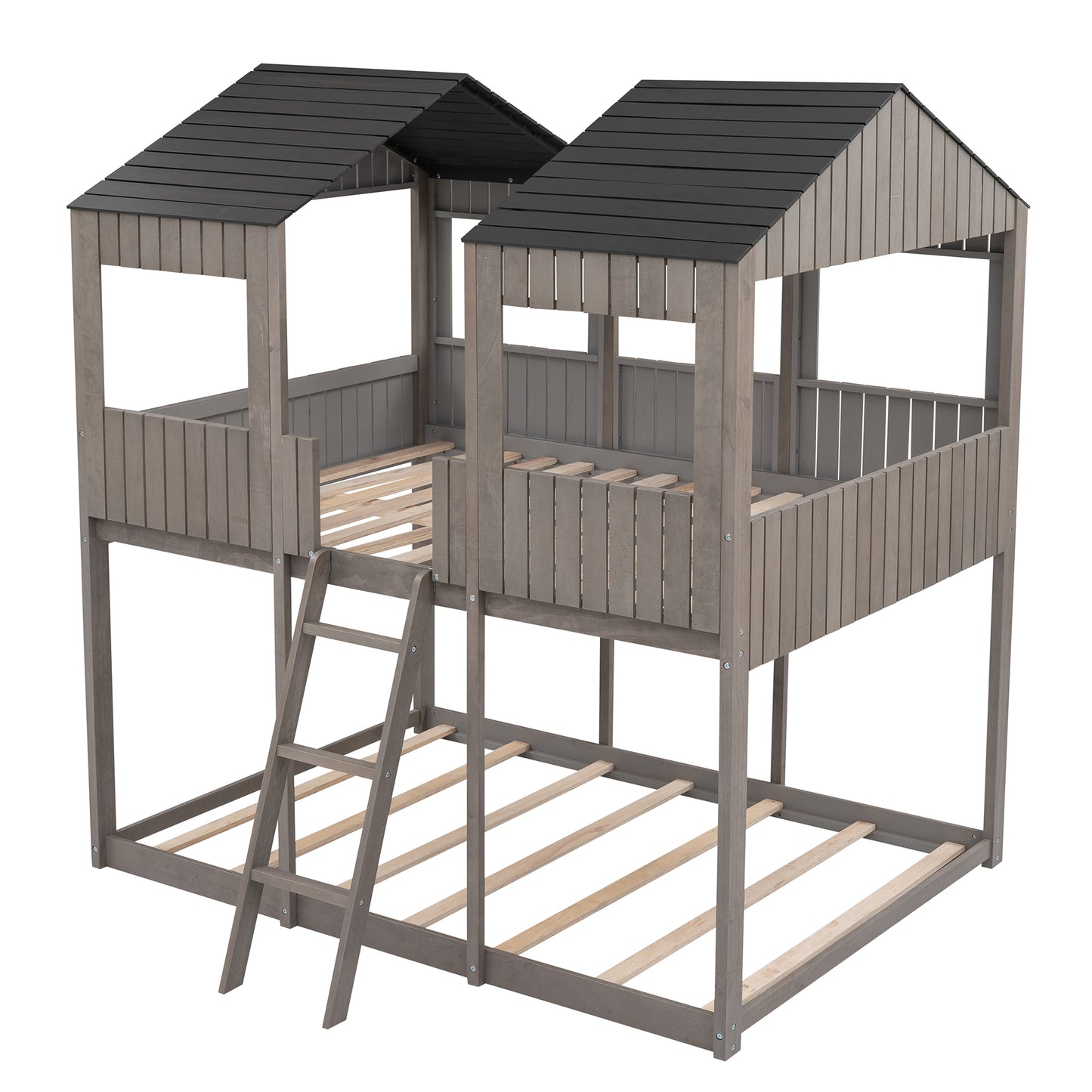 Grey wooden twin over twin bunk bed with pitched roofs and ladder