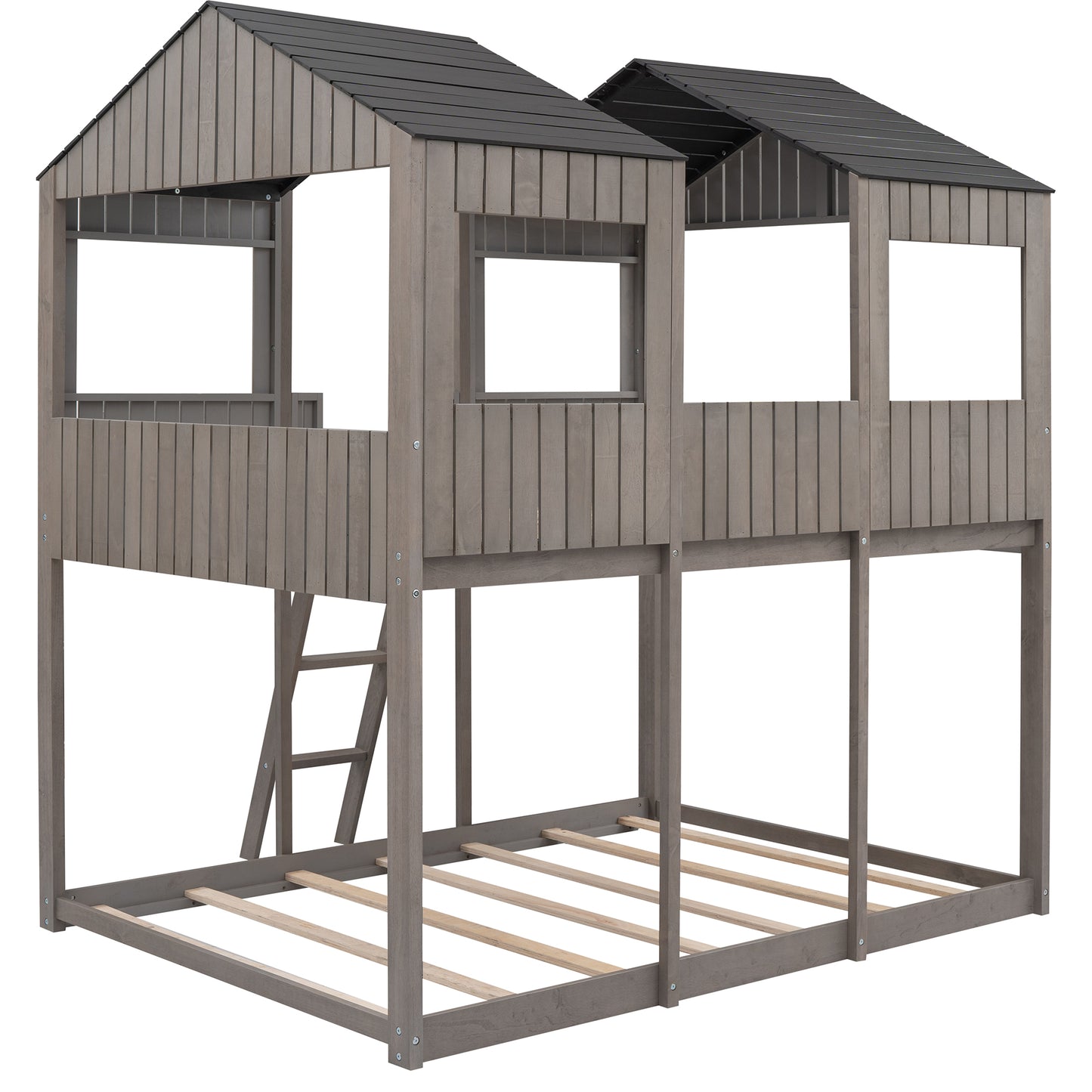 Gray wooden twin bunk bed with playful houseshaped upper levels and integrated ladder
