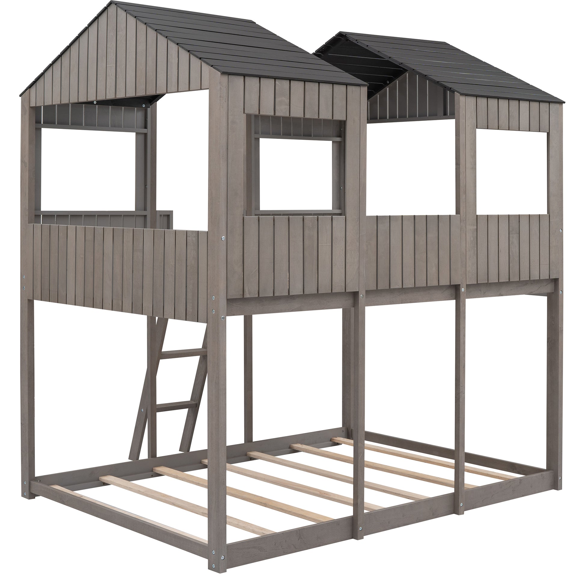Gray wooden twin bunk bed with playful houseshaped upper levels and integrated ladder