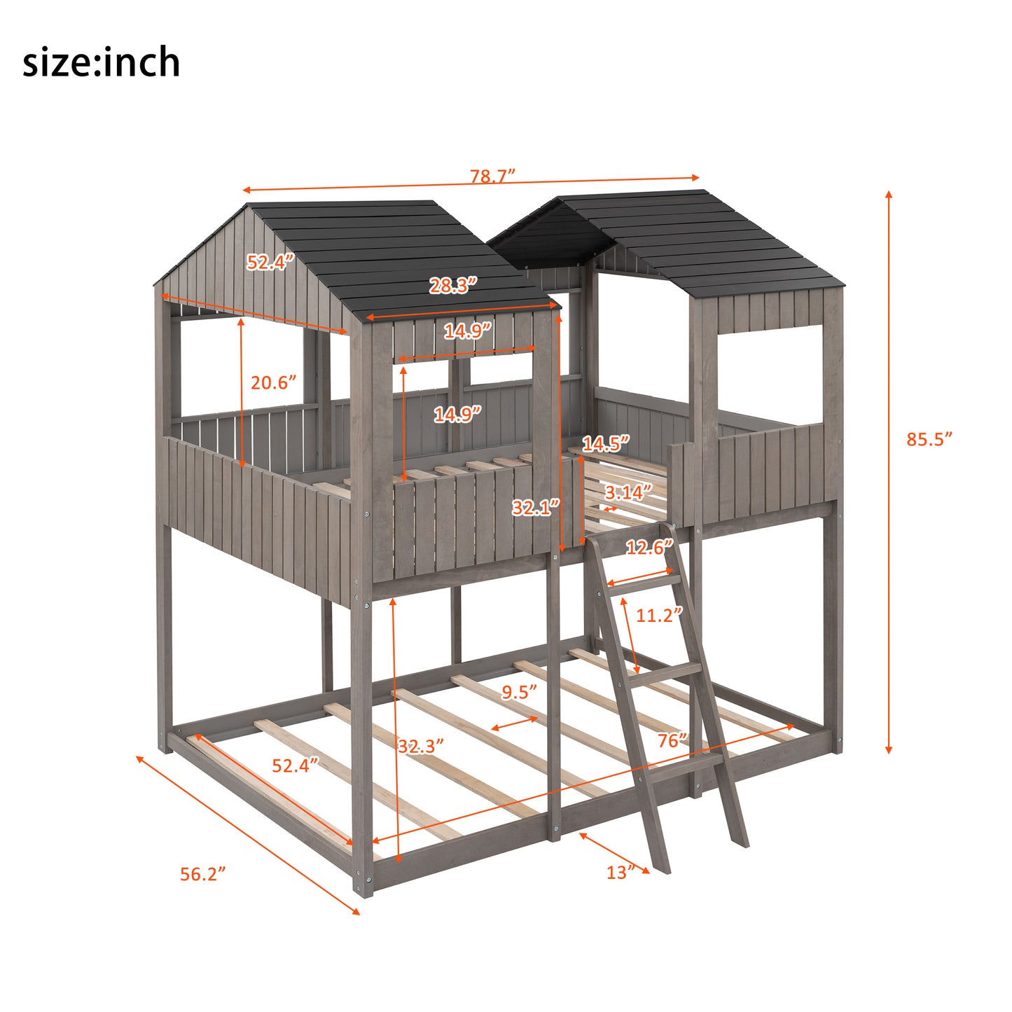 Gray wooden twin loft bed with a roof and ladder