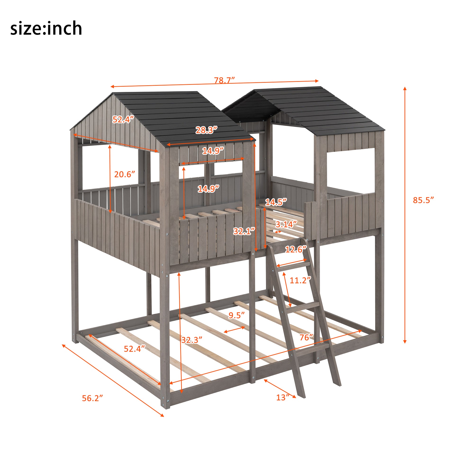 Gray wooden twin loft bed with a roof and ladder