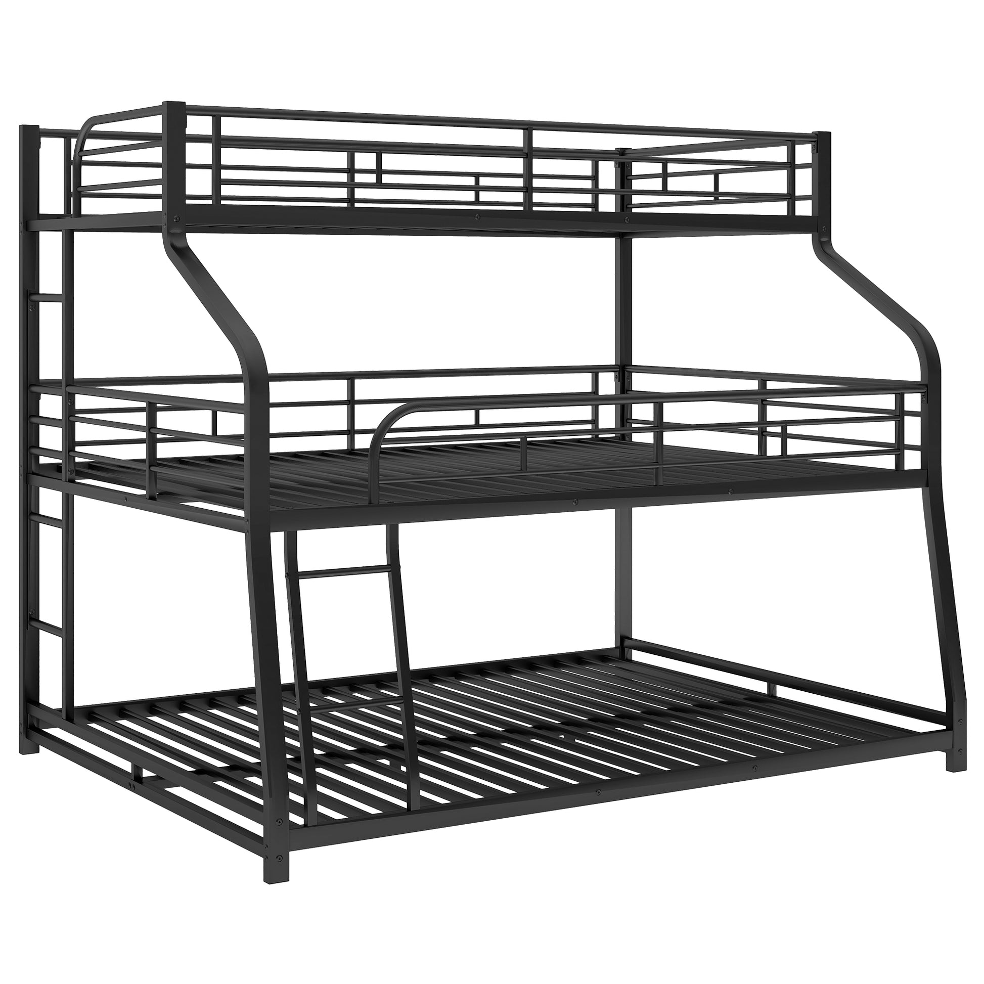 Black metal triple bunk bed with ladder and guardrails