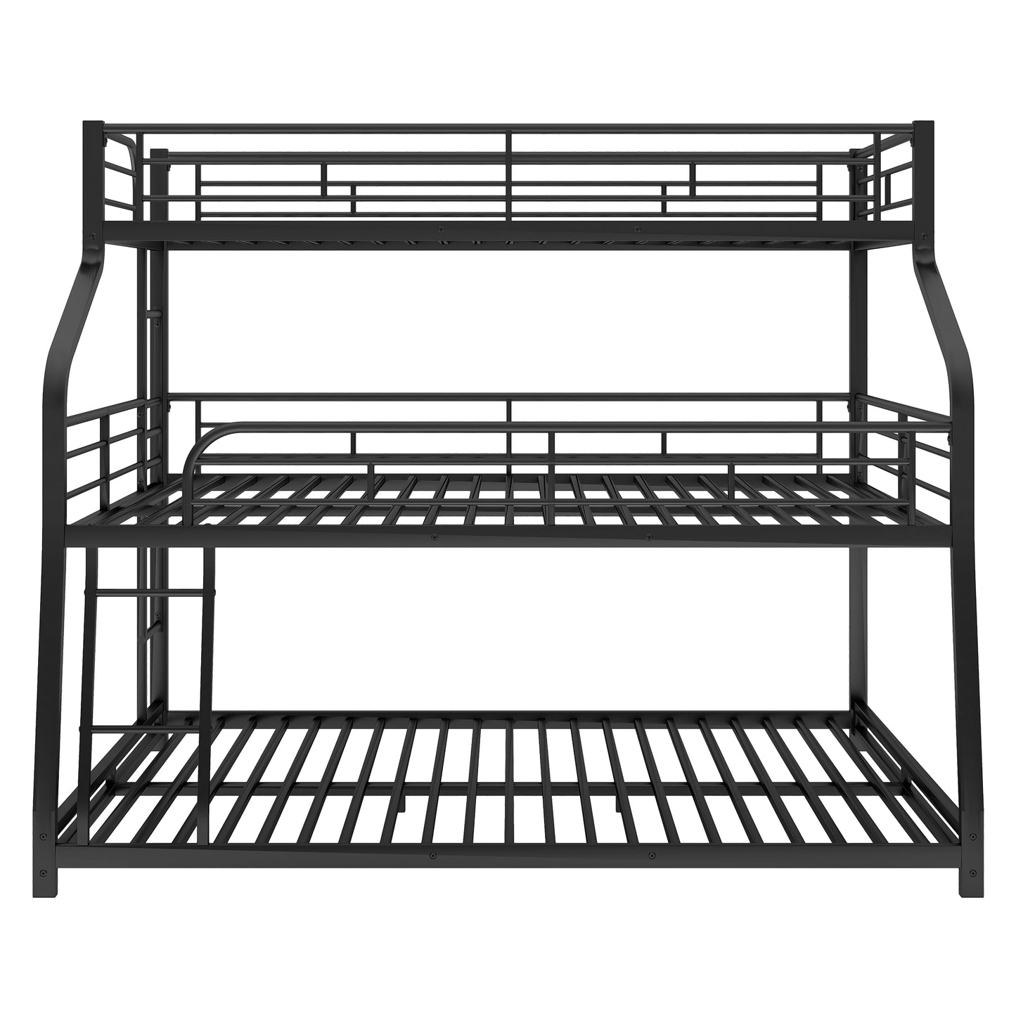 Black metal triple bunk bed frame with three levels and guardrails