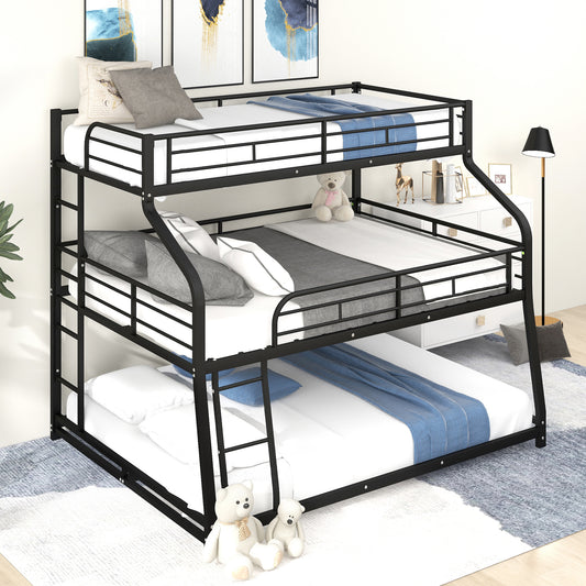 Black metal triple bunk bed with three twin mattresses