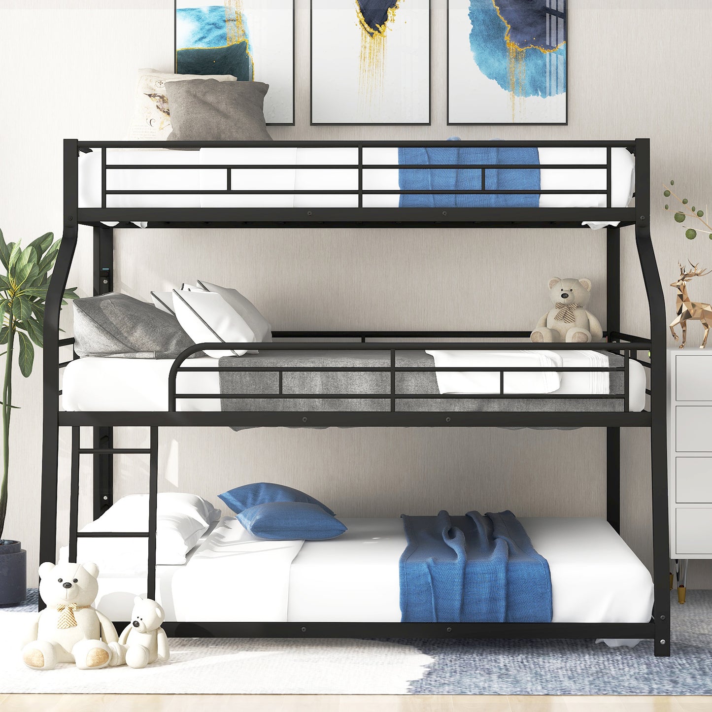 Black metal triple bunk bed with white bedding and blue accents