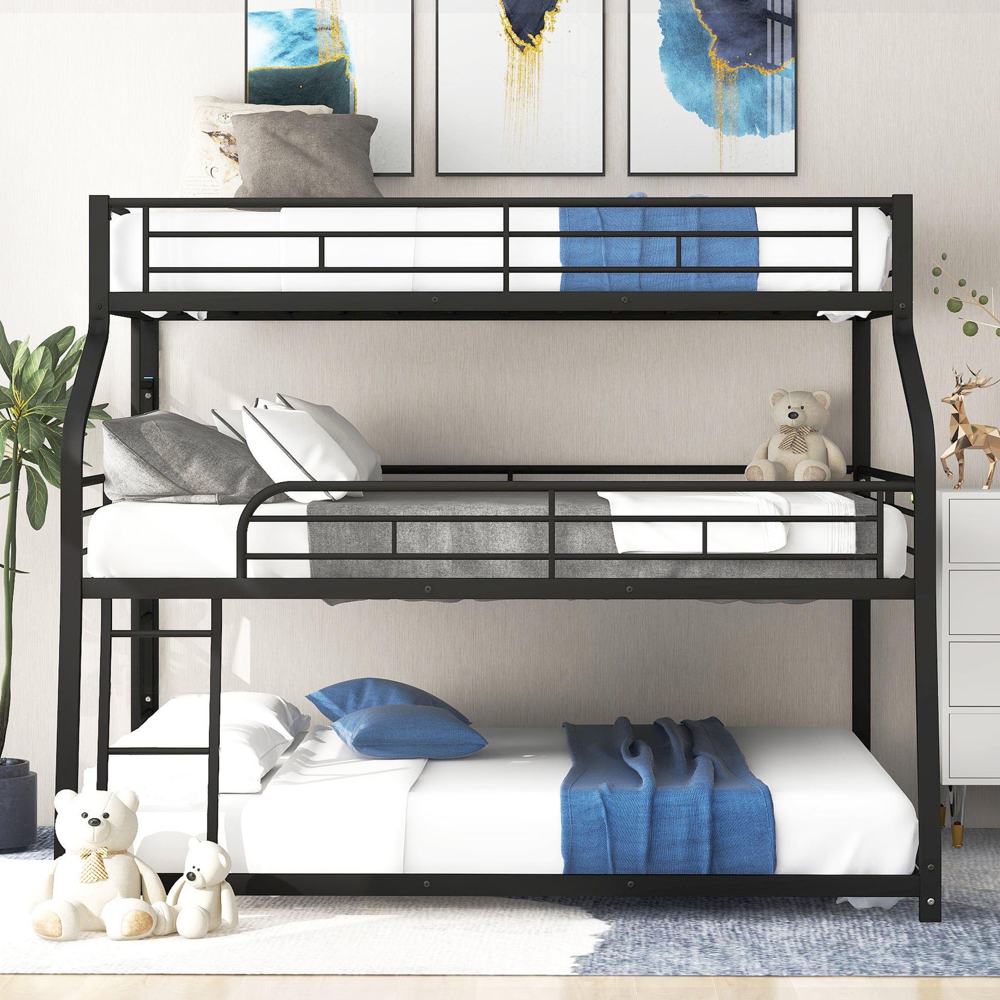 Black metal triple bunk bed with white bedding and blue accents