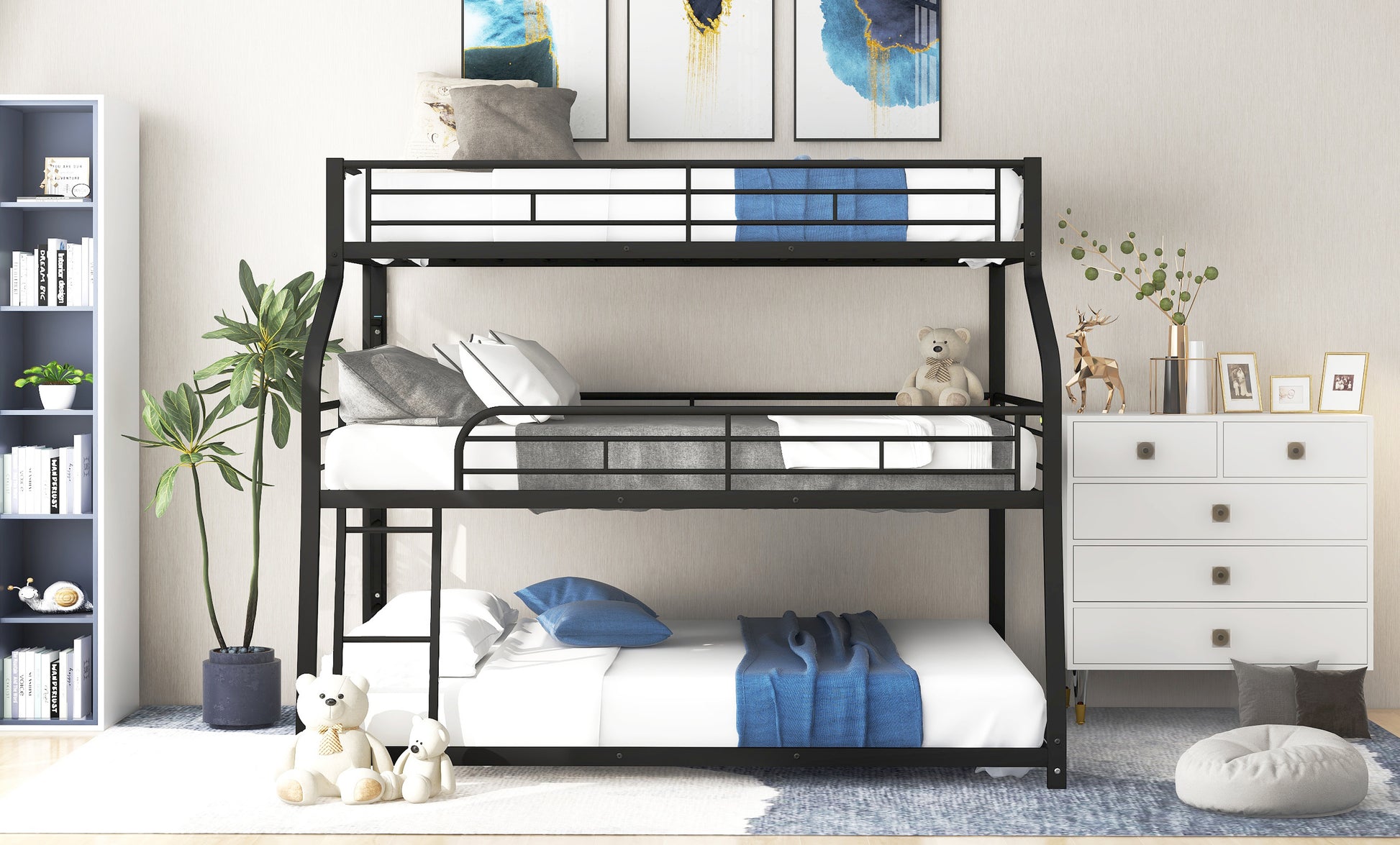 Black metal triple bunk bed with white linens and blue accents