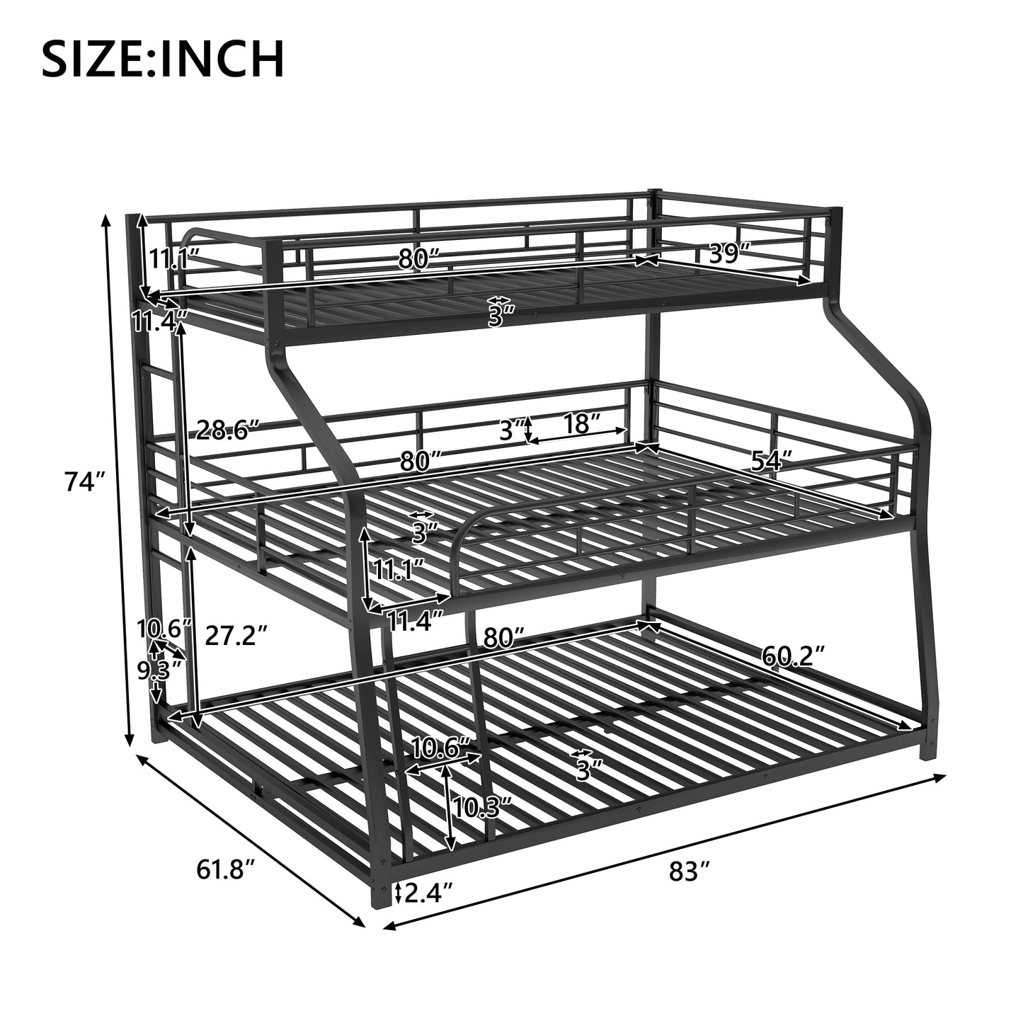 Black metal triple bunk bed with clear dimension markings
