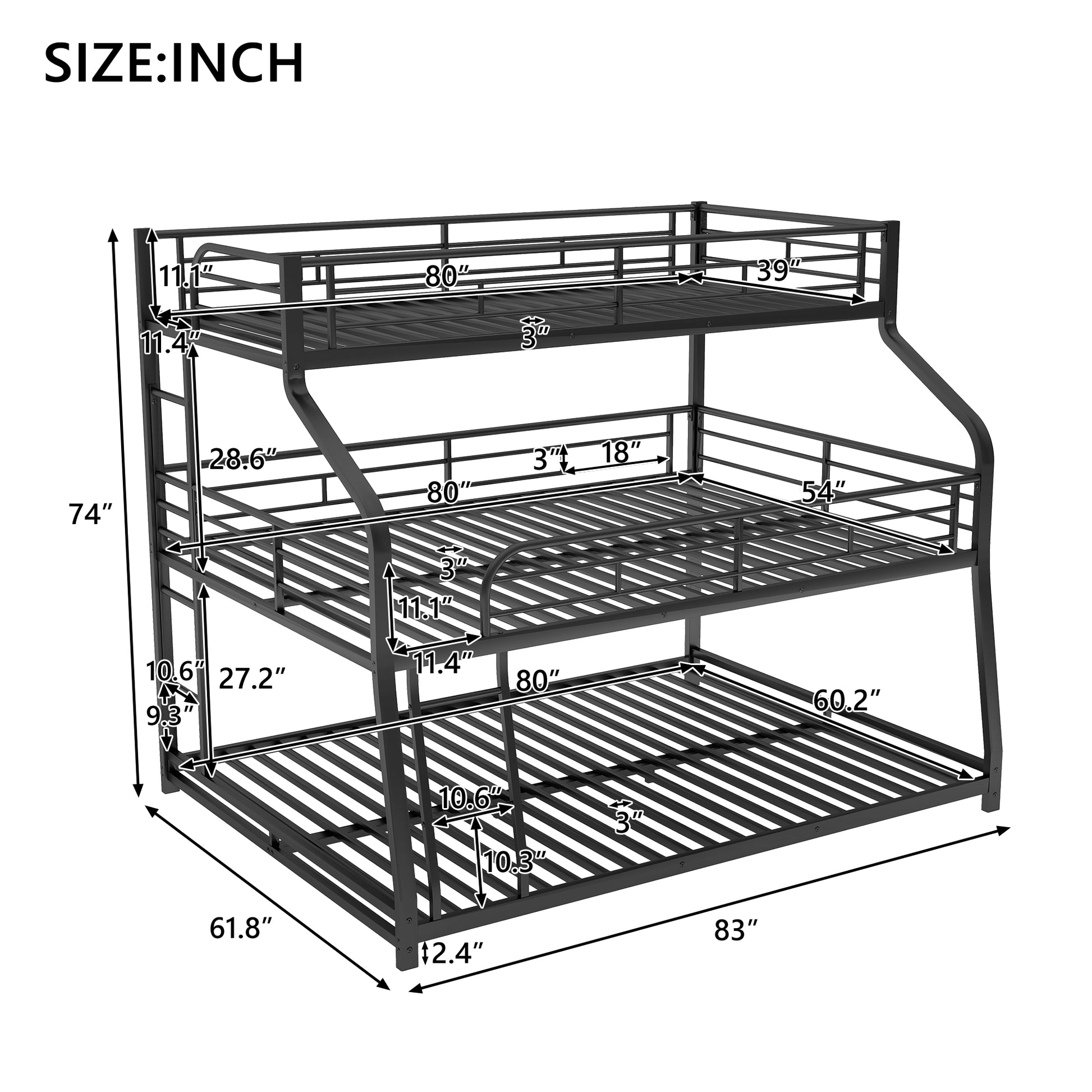 Black metal triple bunk bed with clear dimension markings