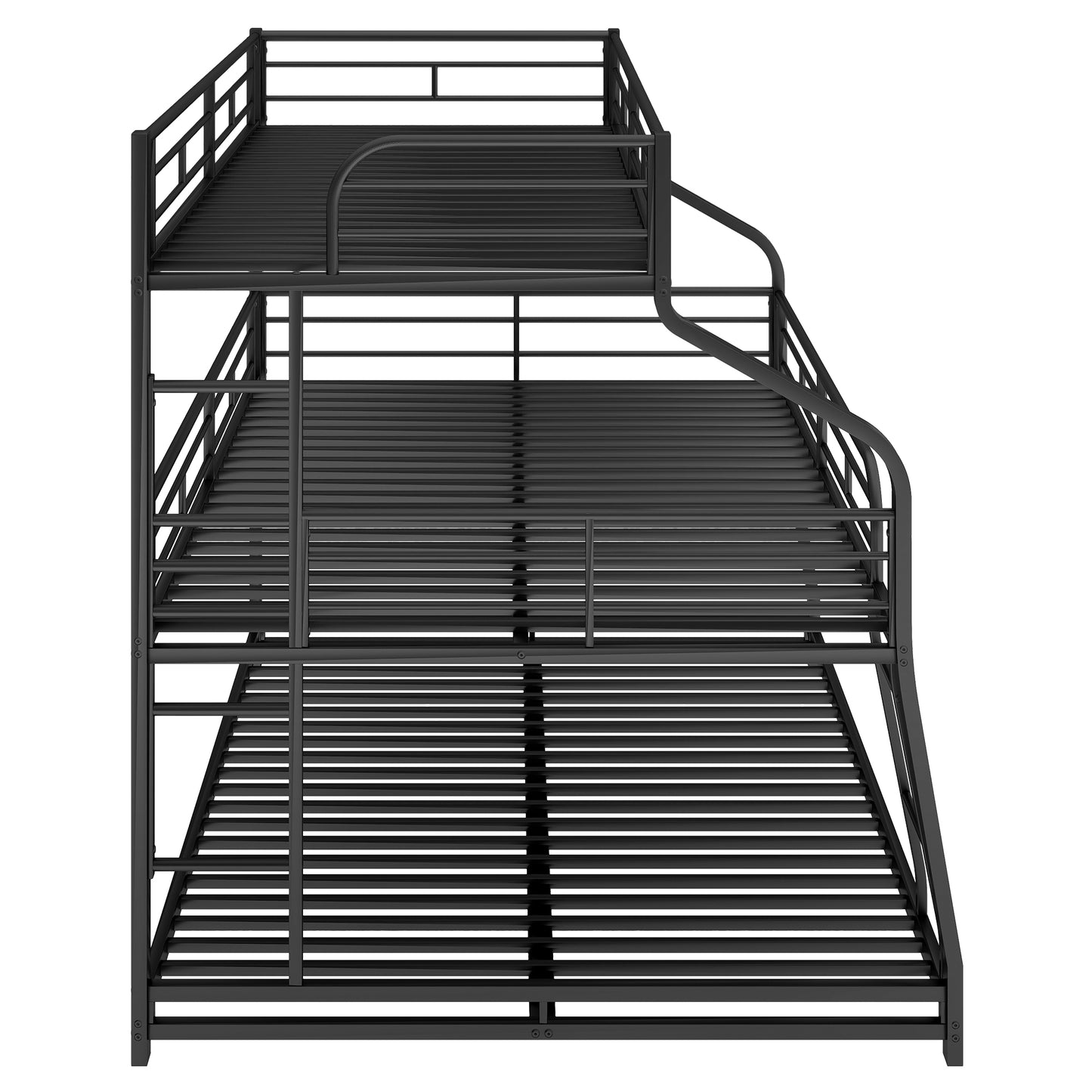 Black metal triple bunk bed with ladder