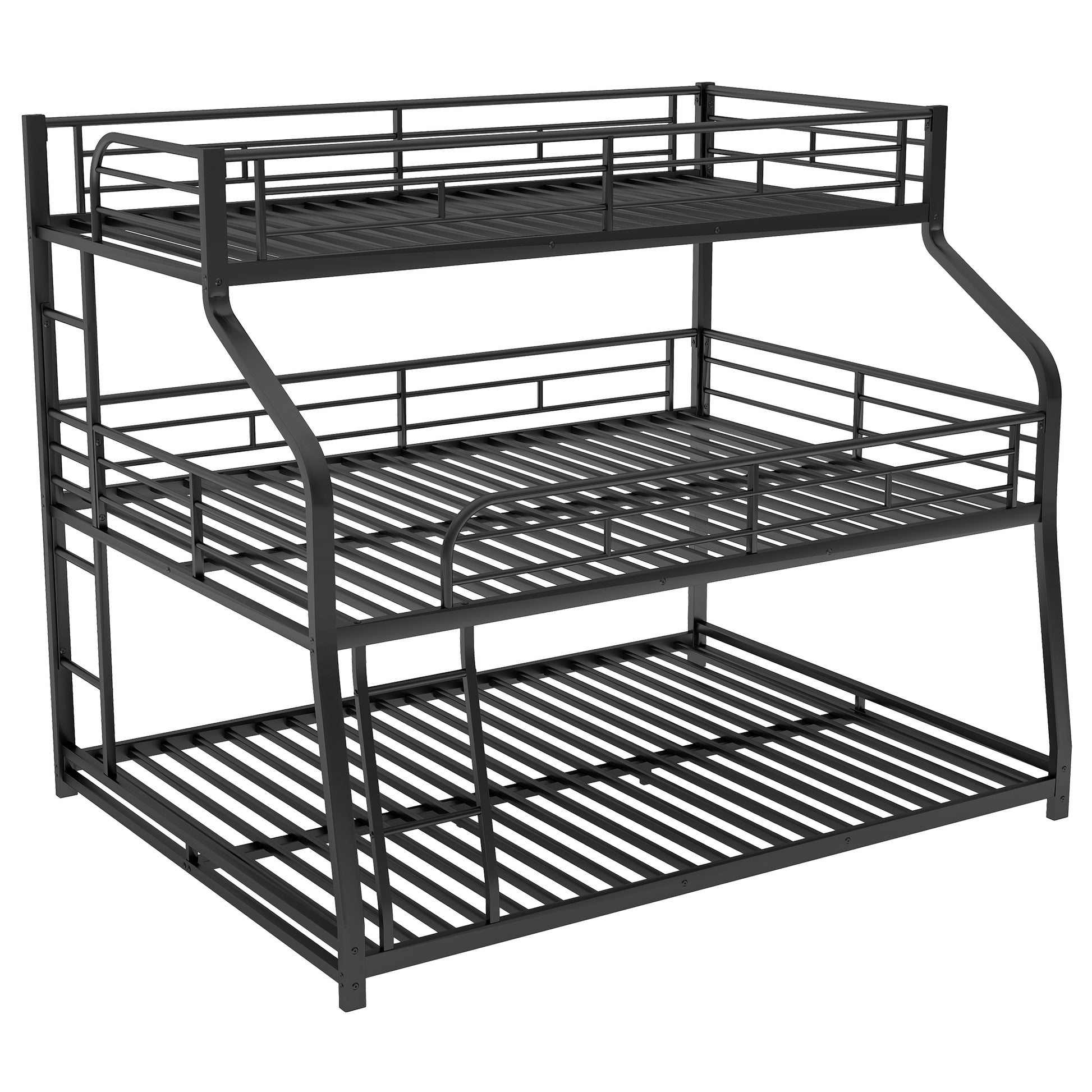 Black metal triple bunk bed frame with three levels