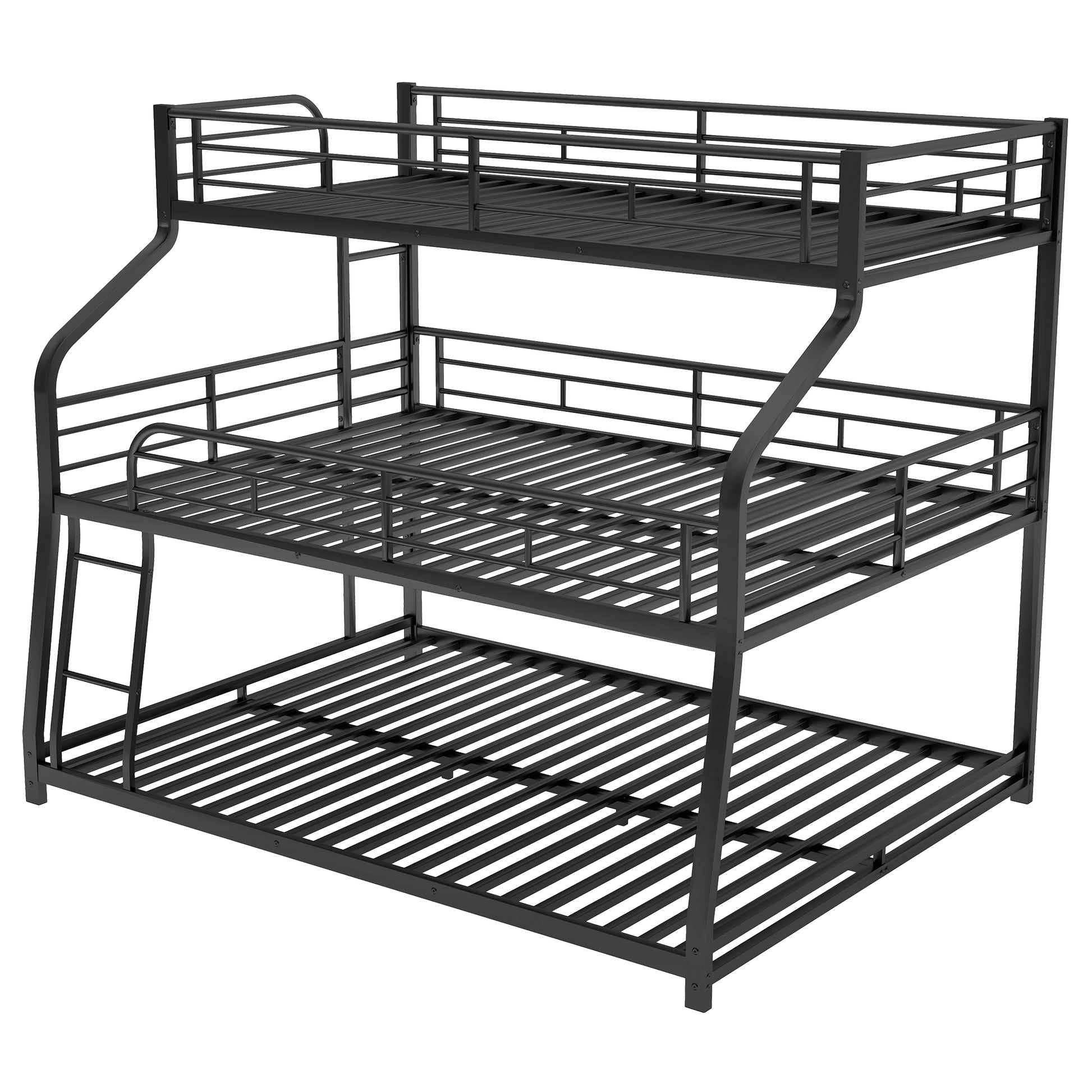 Black metal triple bunk bed with integrated ladder and guardrails