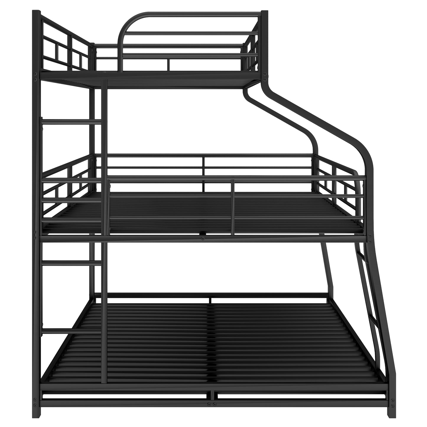 Black metal triple bunk bed with integrated ladder and slide