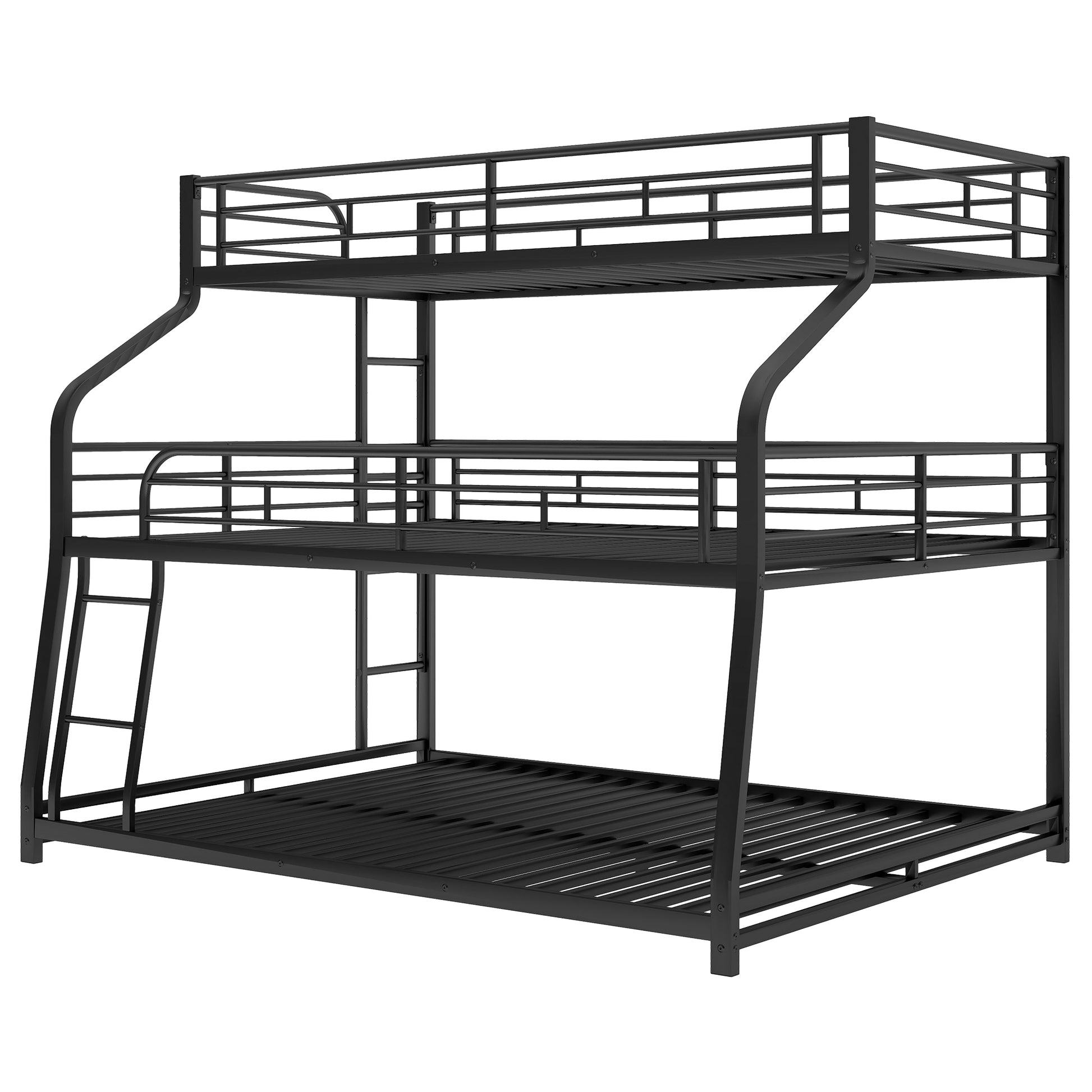 Black metal triple bunk bed with integrated ladder and guardrails