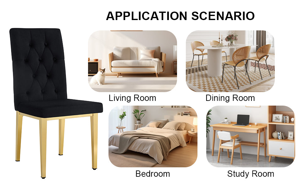 Black velvet dining chair with tufted back and gold metal legs