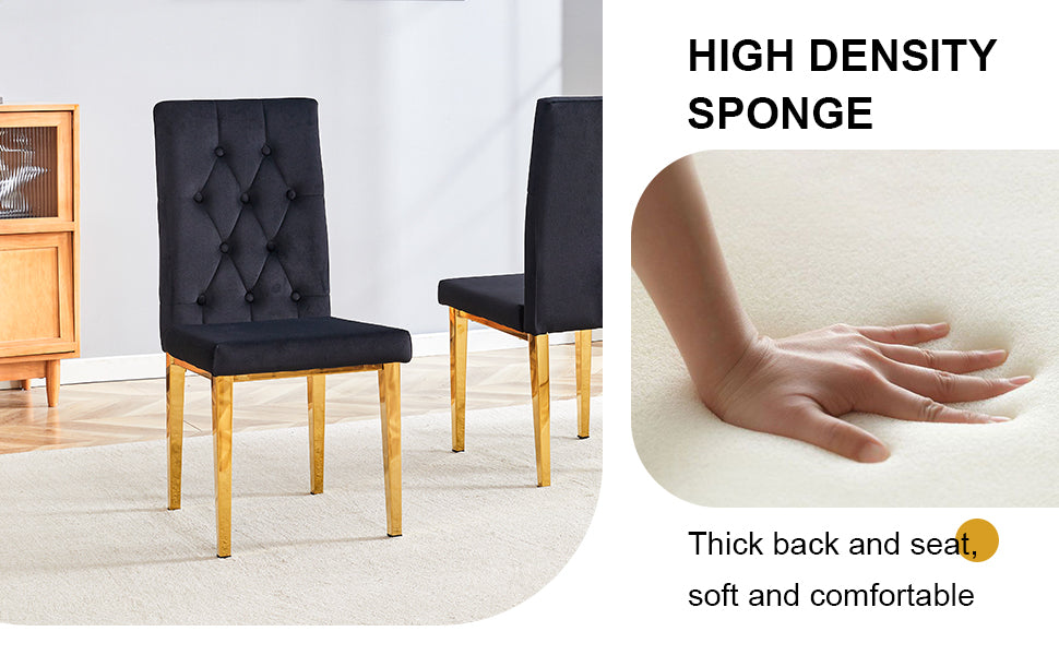 Black velvet dining chair with tufted back and gold legs