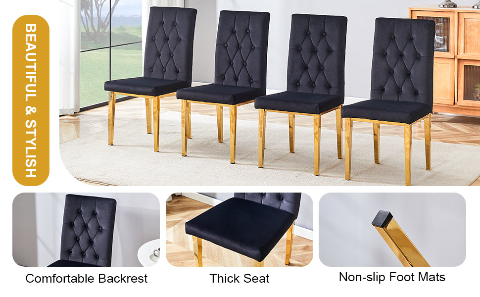 Set of four black velvet dining chairs with tufted backs and gold legs