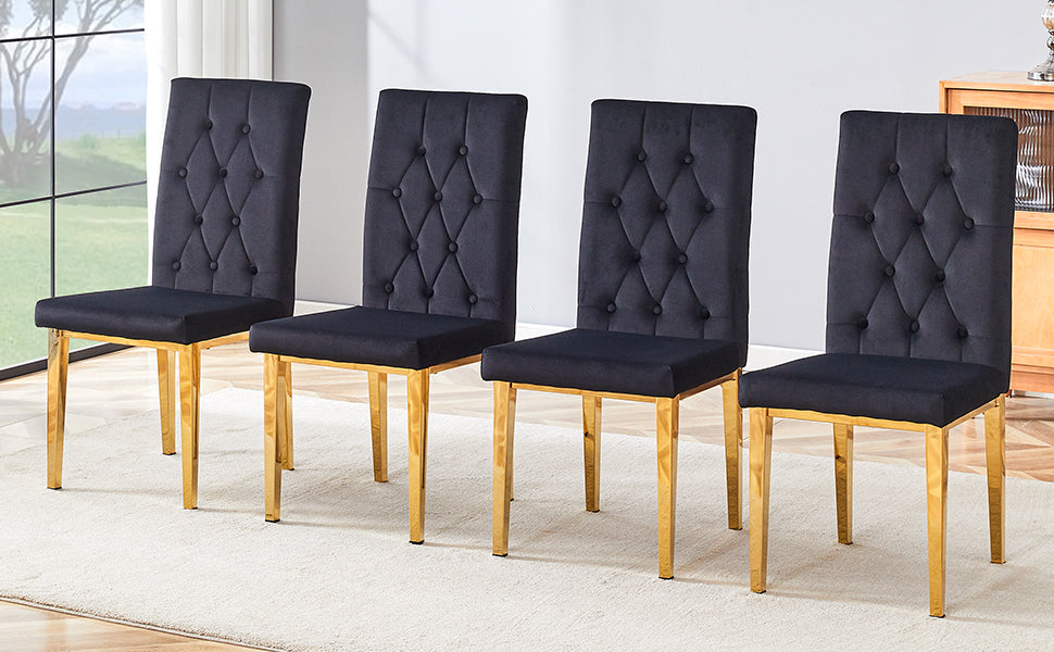 Set of  black velvet dining chairs with gold legs and tufted backs