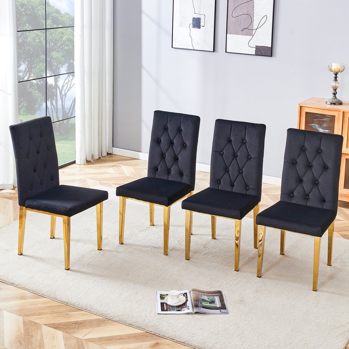Black velvet dining chair with gold legs and tufted back
