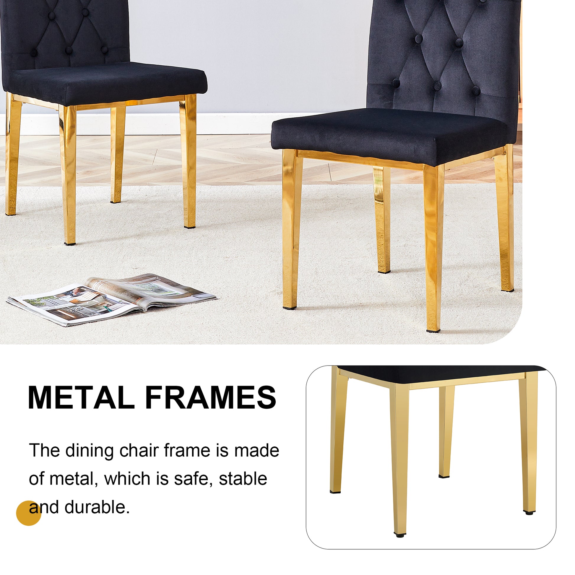 Black velvet dining chair with tufted back and gold metal legs