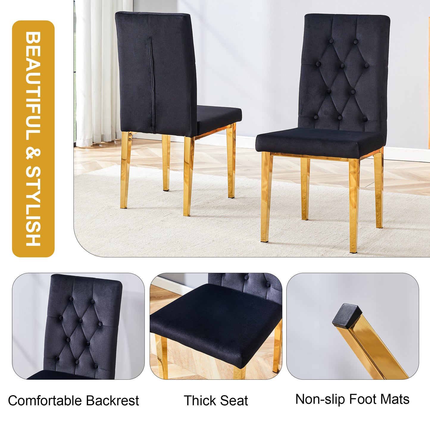 Black velvet dining chair with tufted back and gold legs