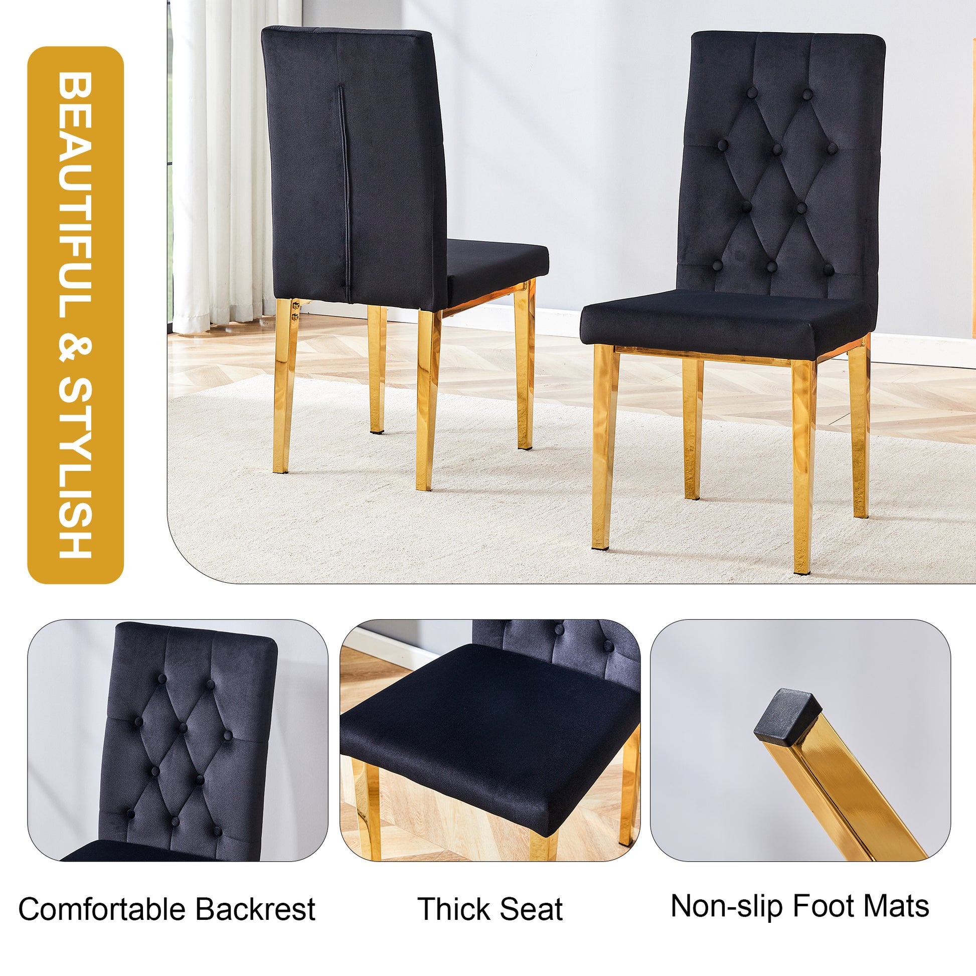 Black velvet dining chair with tufted back and gold legs