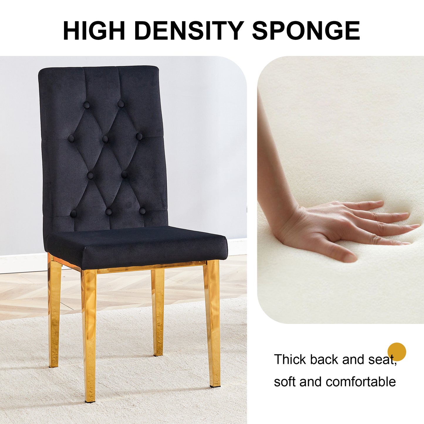 Black velvet dining chair with tufted back and gold legs