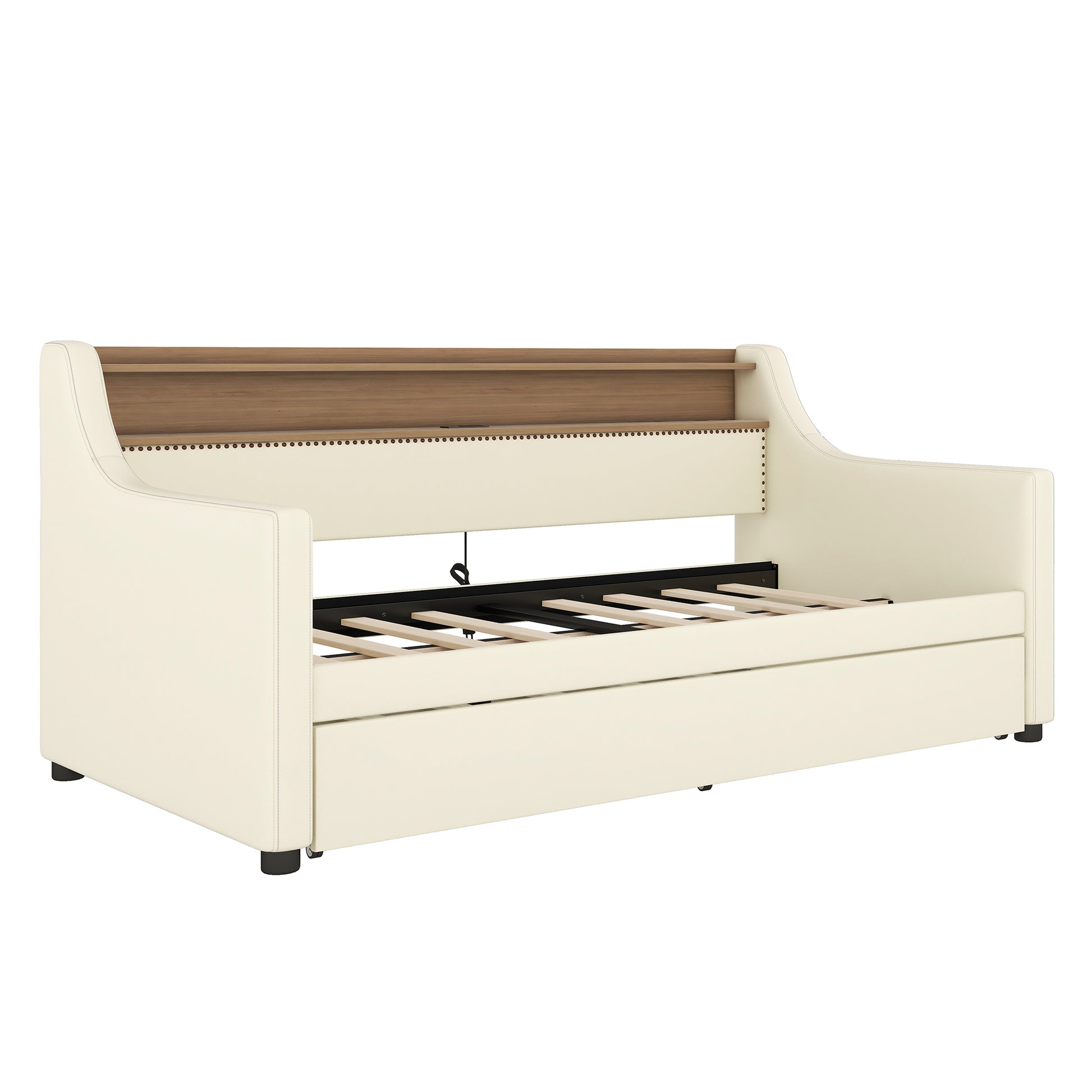 Cream faux leather daybed with wood headboard