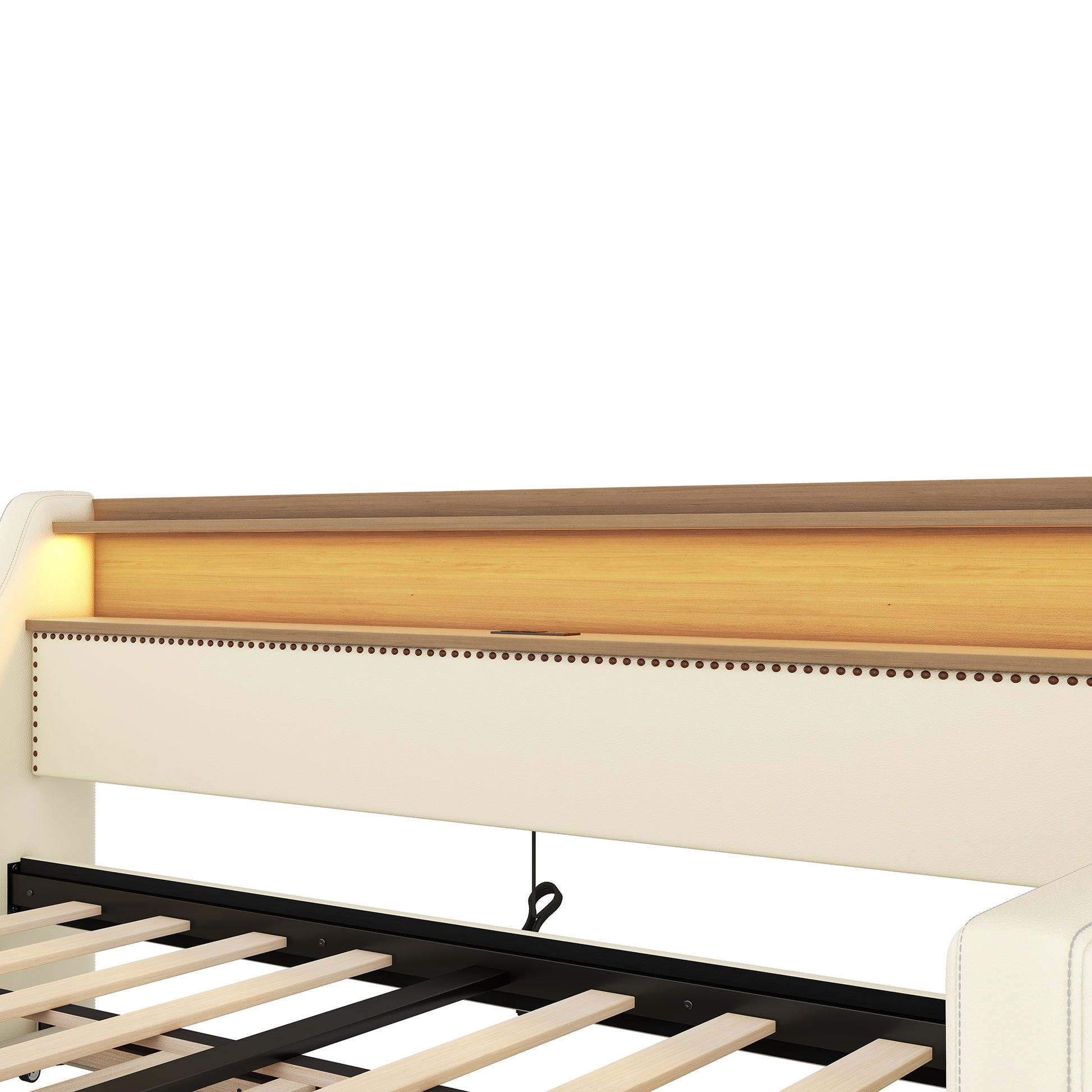 Cream upholstered headboard with wooden shelf and integrated LED lighting