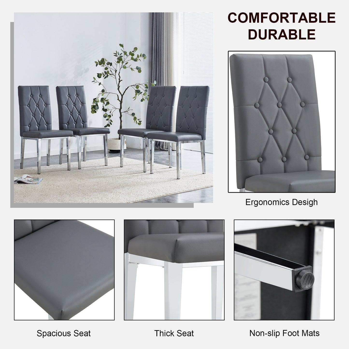 Four grey tufted dining chairs with chrome legs