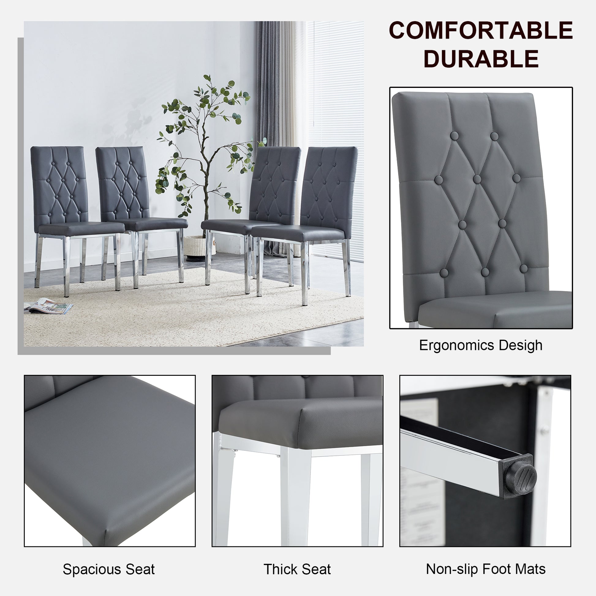 Four grey tufted dining chairs with chrome legs