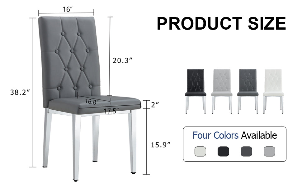 Gray upholstered dining chair with diamond tufting and silver legs