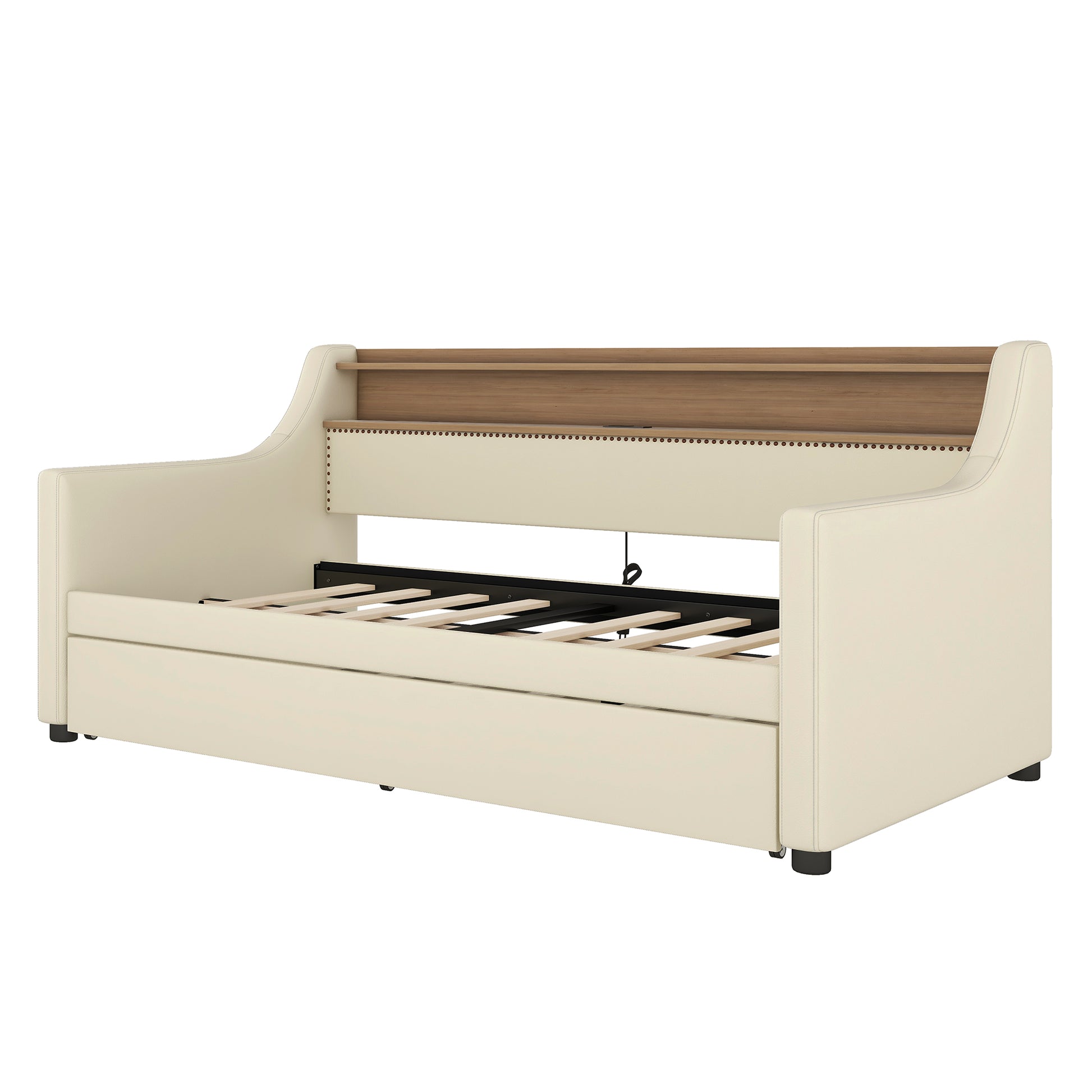 Cream leather daybed with wooden accents and exposed mattress frame