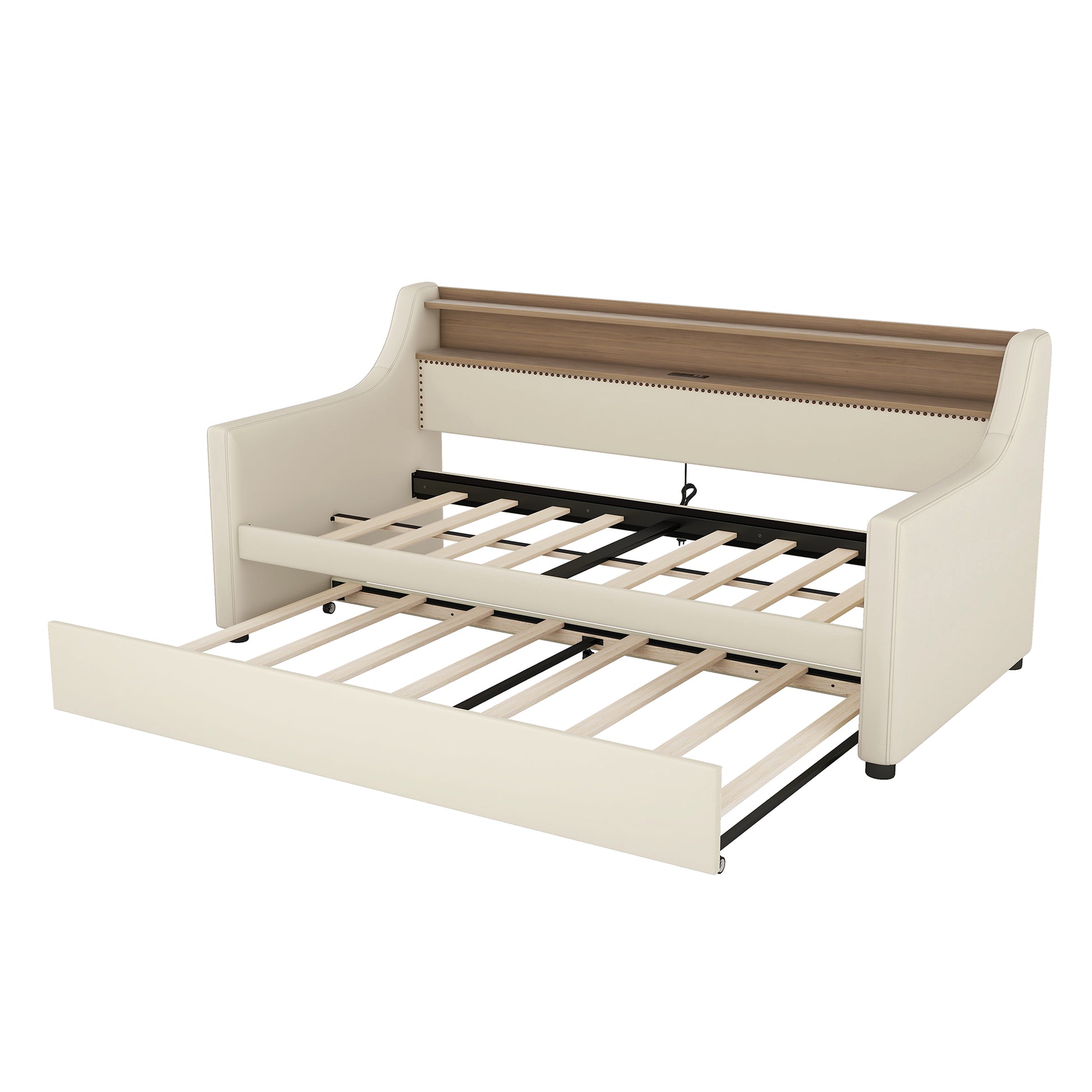 Cream upholstered daybed with pullout trundle and wooden shelf