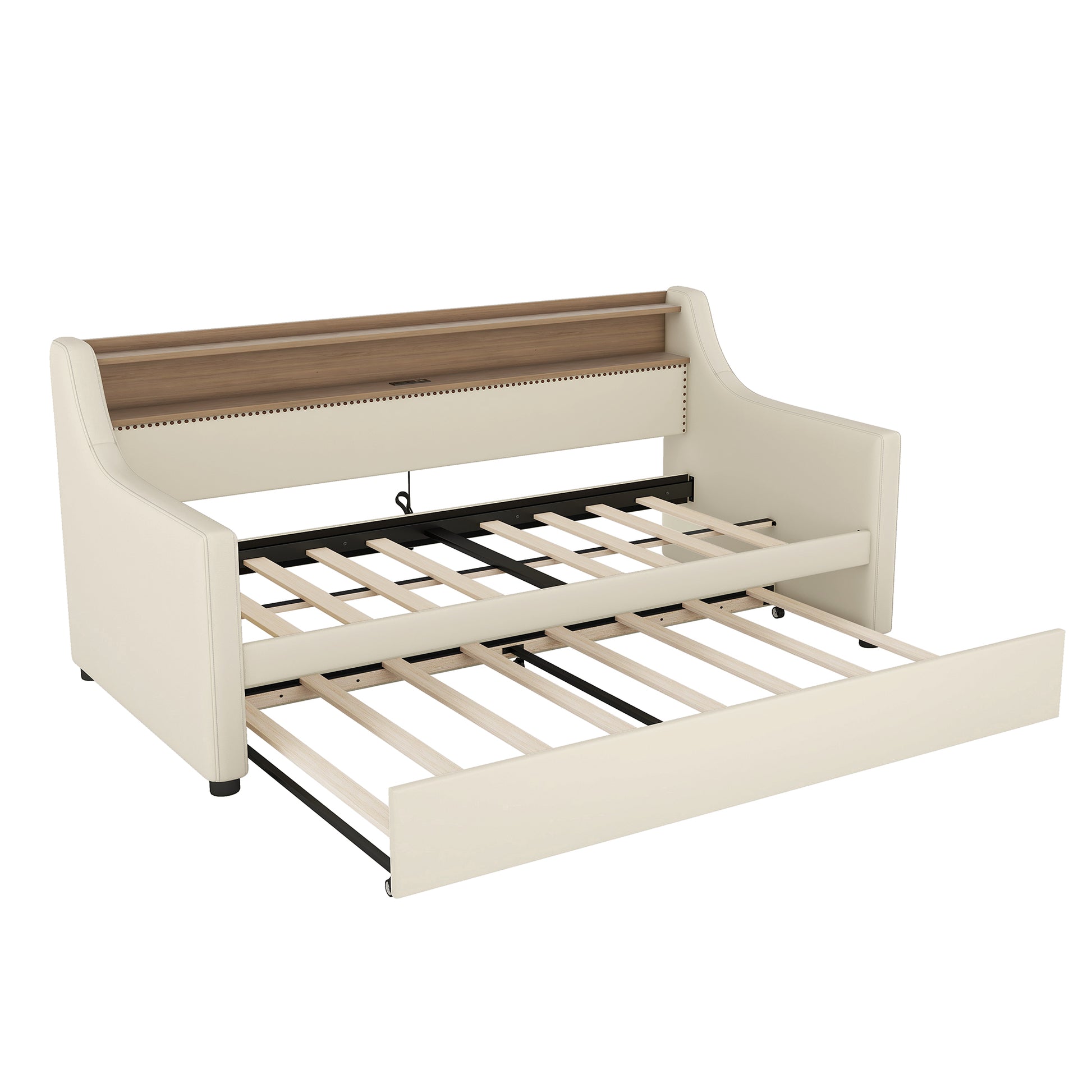 Cream upholstered daybed with trundle drawer pulled out