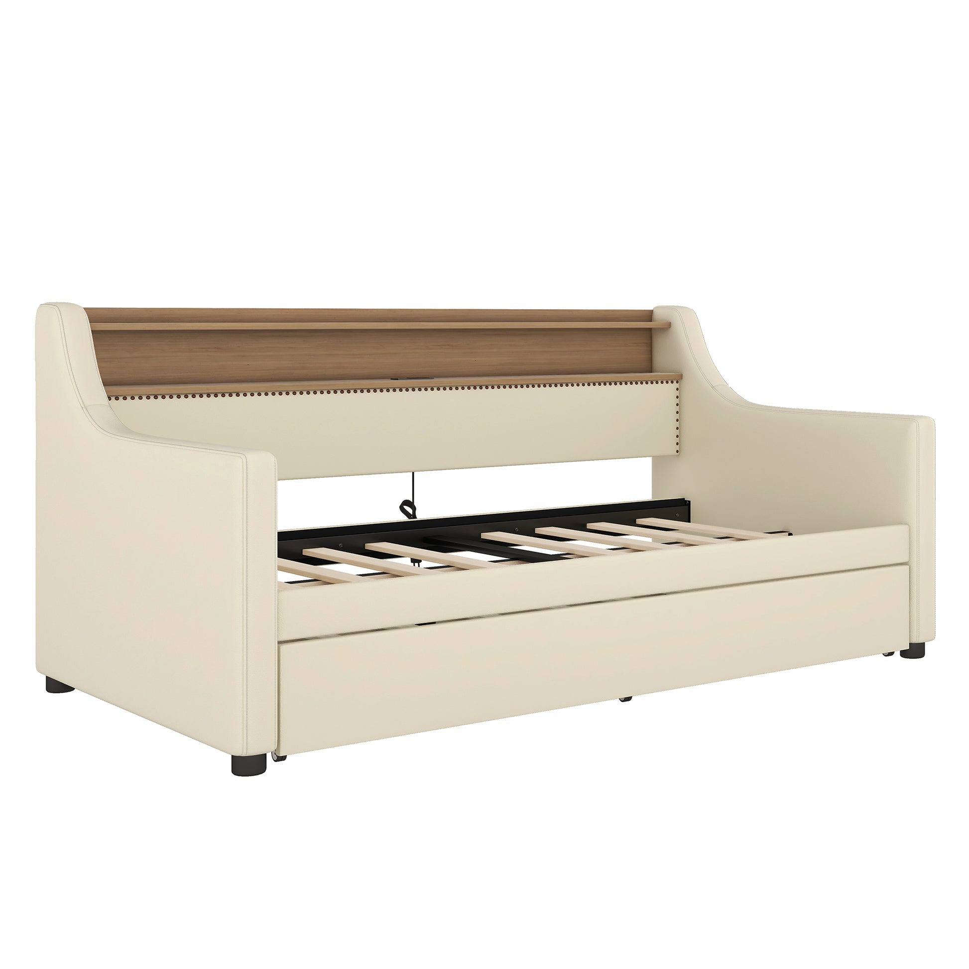 Cream upholstered daybed with wooden headboard shelf