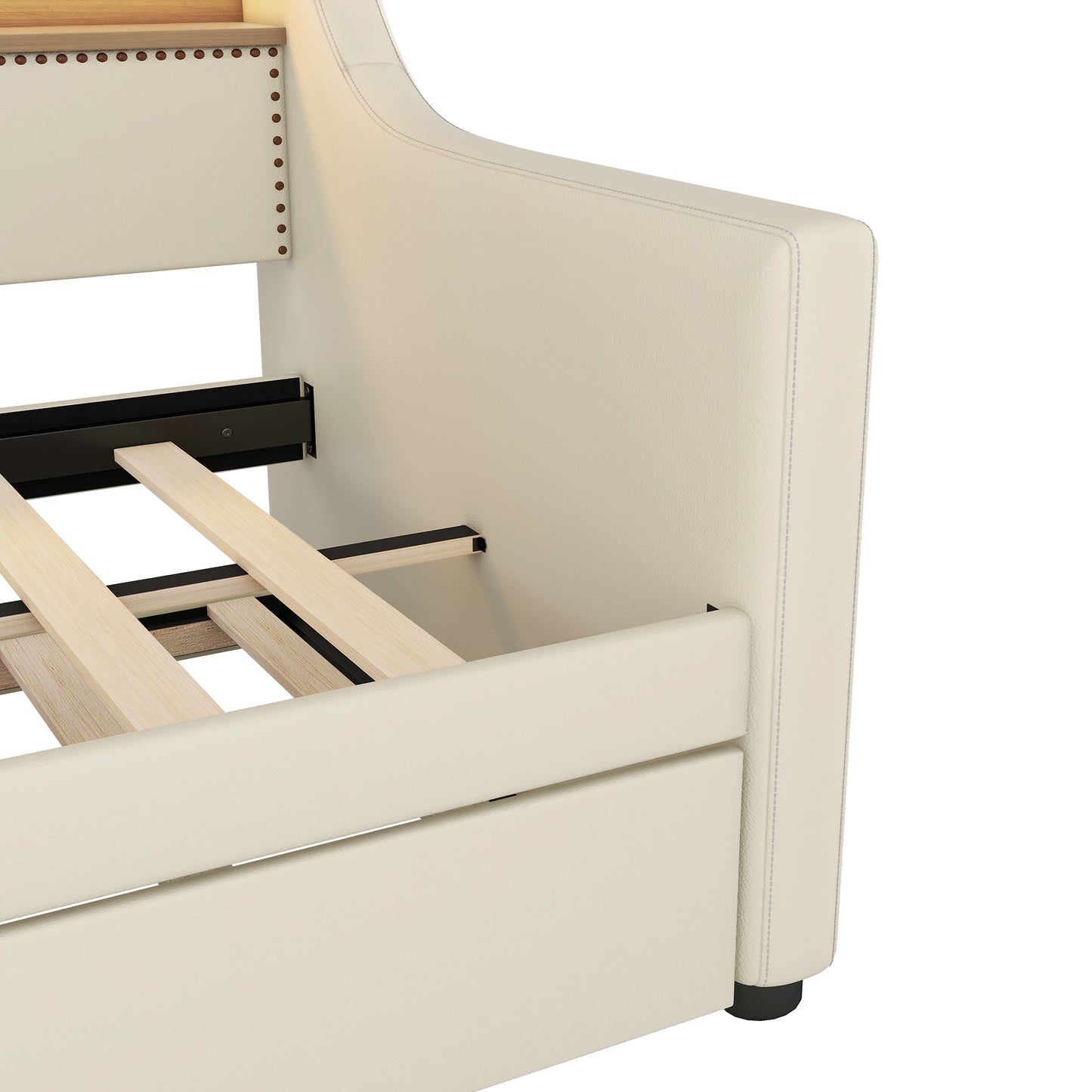 Cream leather bed frame with studded headboard detail and slatted base
