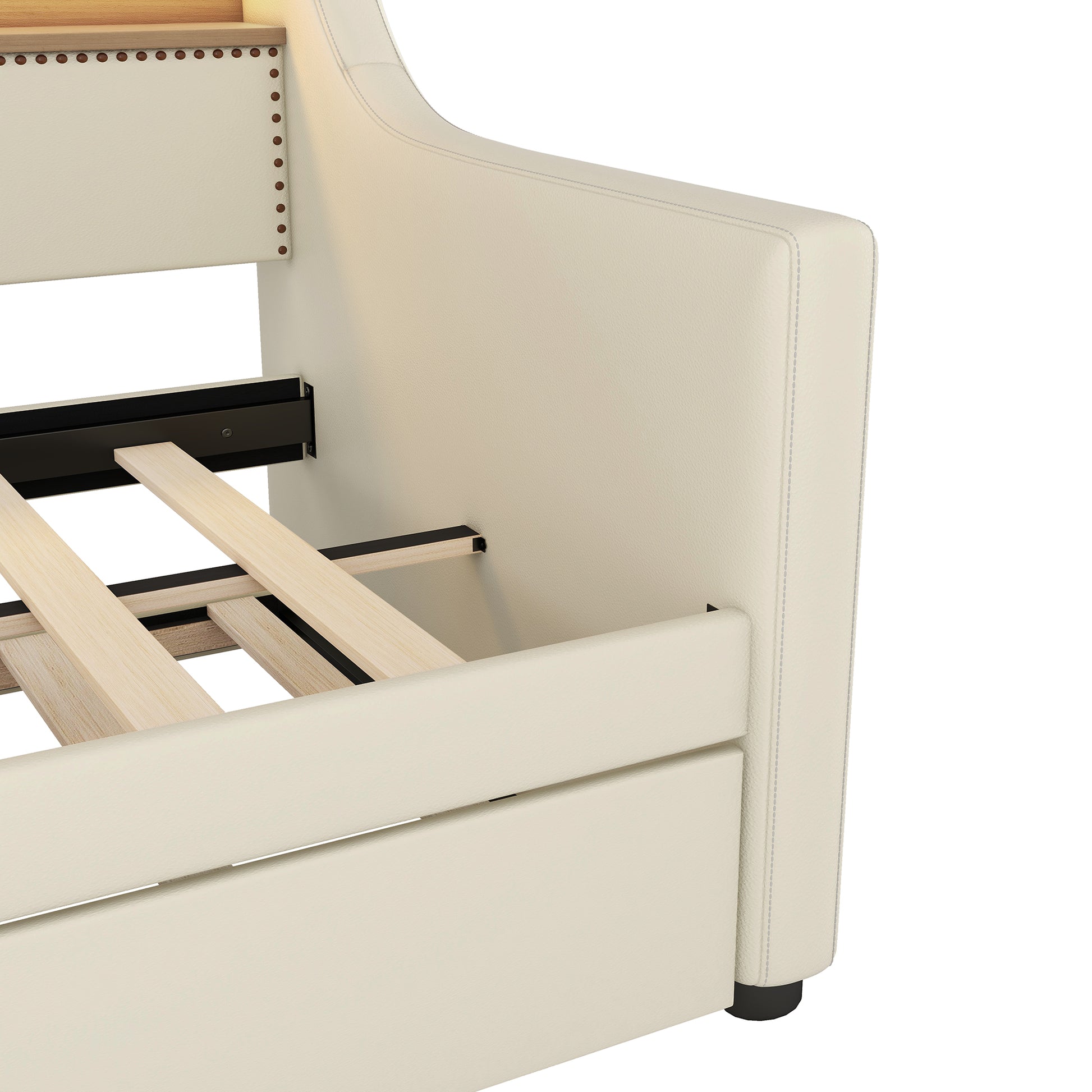 Cream leather bed frame with studded headboard detail and slatted base