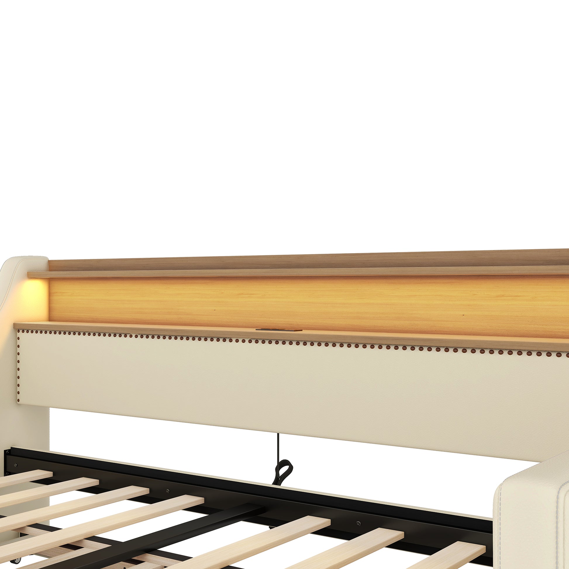 Cream upholstered bed frame with builtin shelf and LED lighting