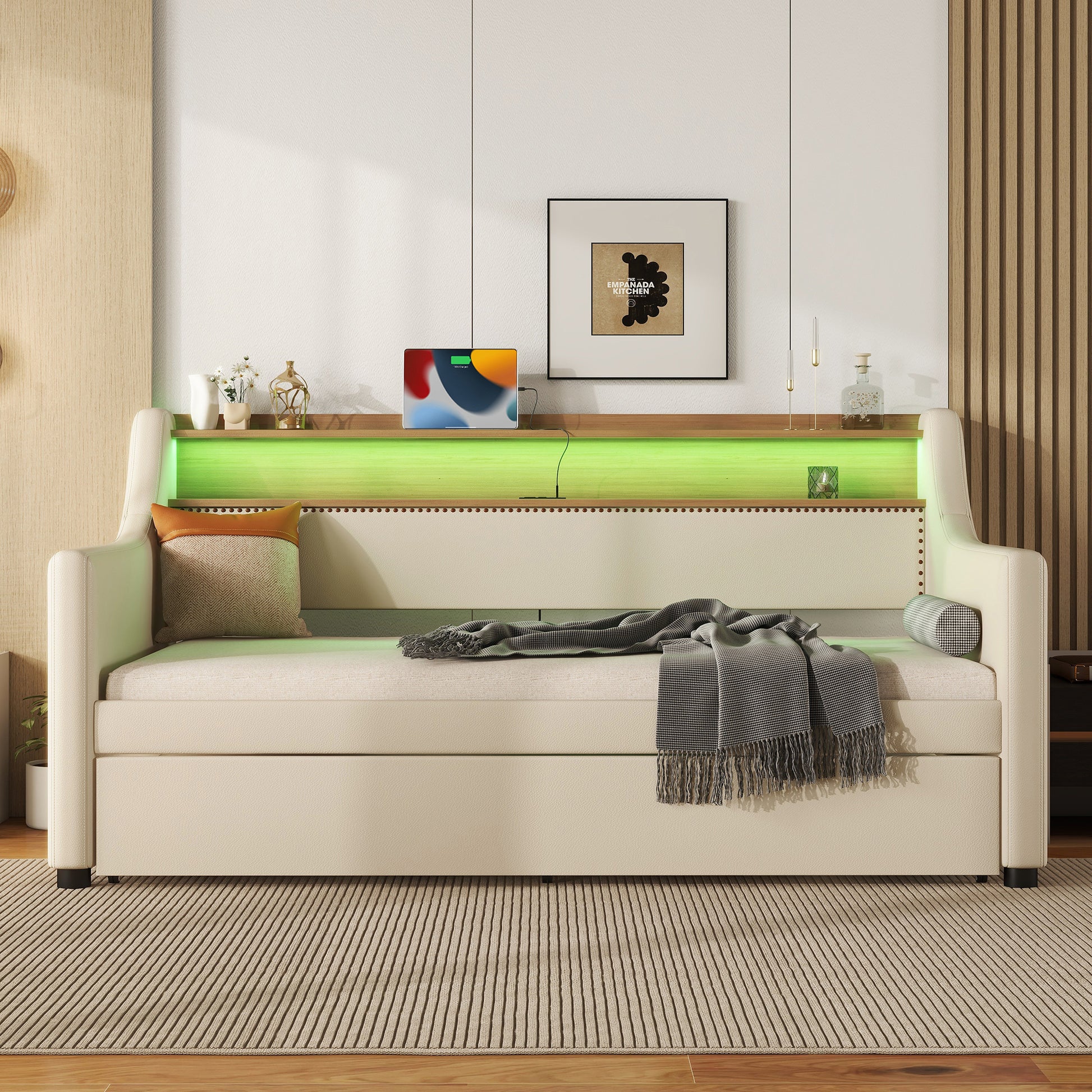 Cream upholstered daybed with integrated shelf and green LED lighting