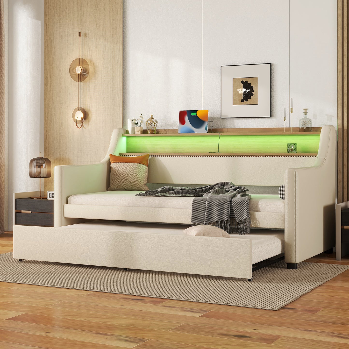 Cream leather daybed with a pullout trundle perfect for guest rooms