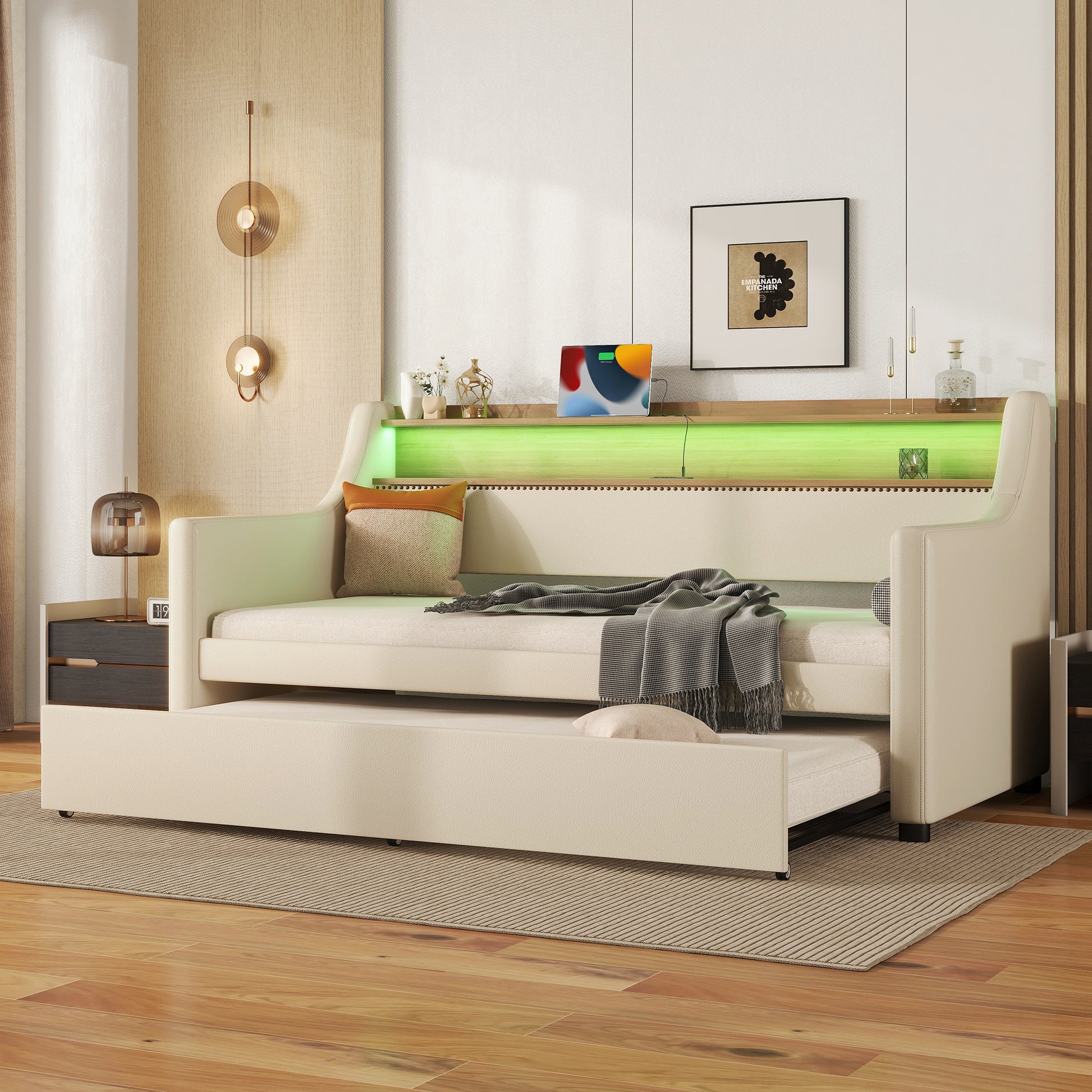 Cream leather daybed with a pullout trundle perfect for guest rooms