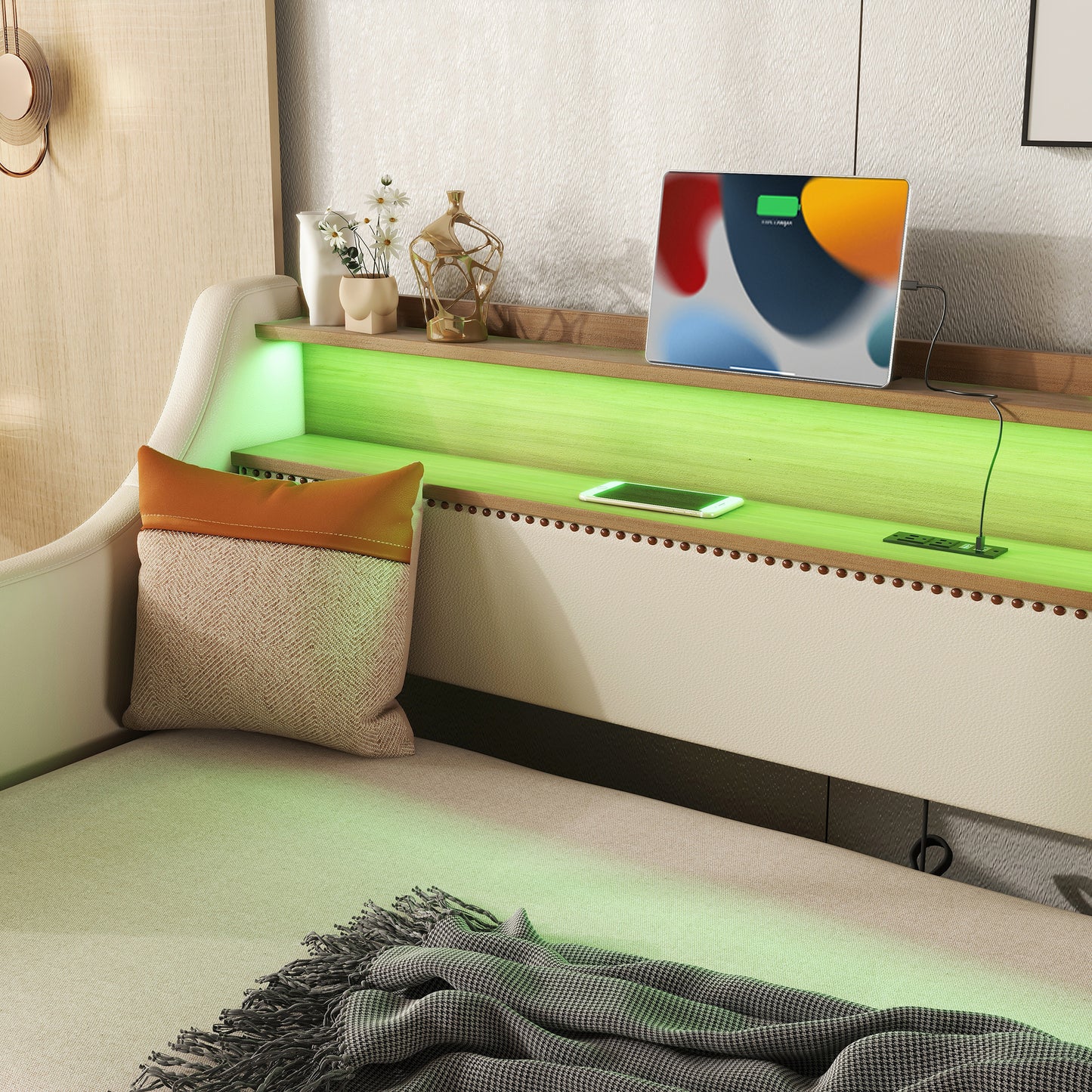Modern upholstered sofa with integrated charging station