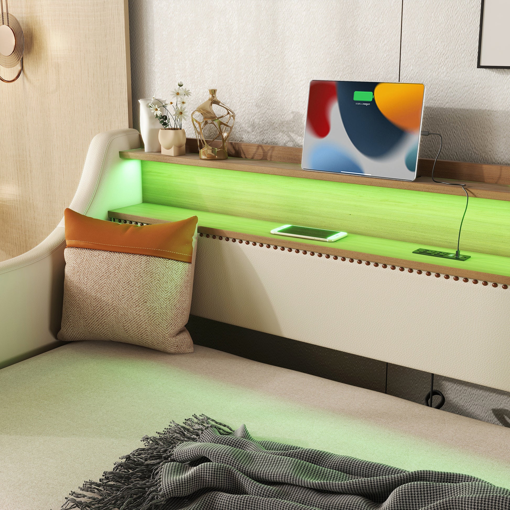 Modern upholstered sofa with integrated charging station