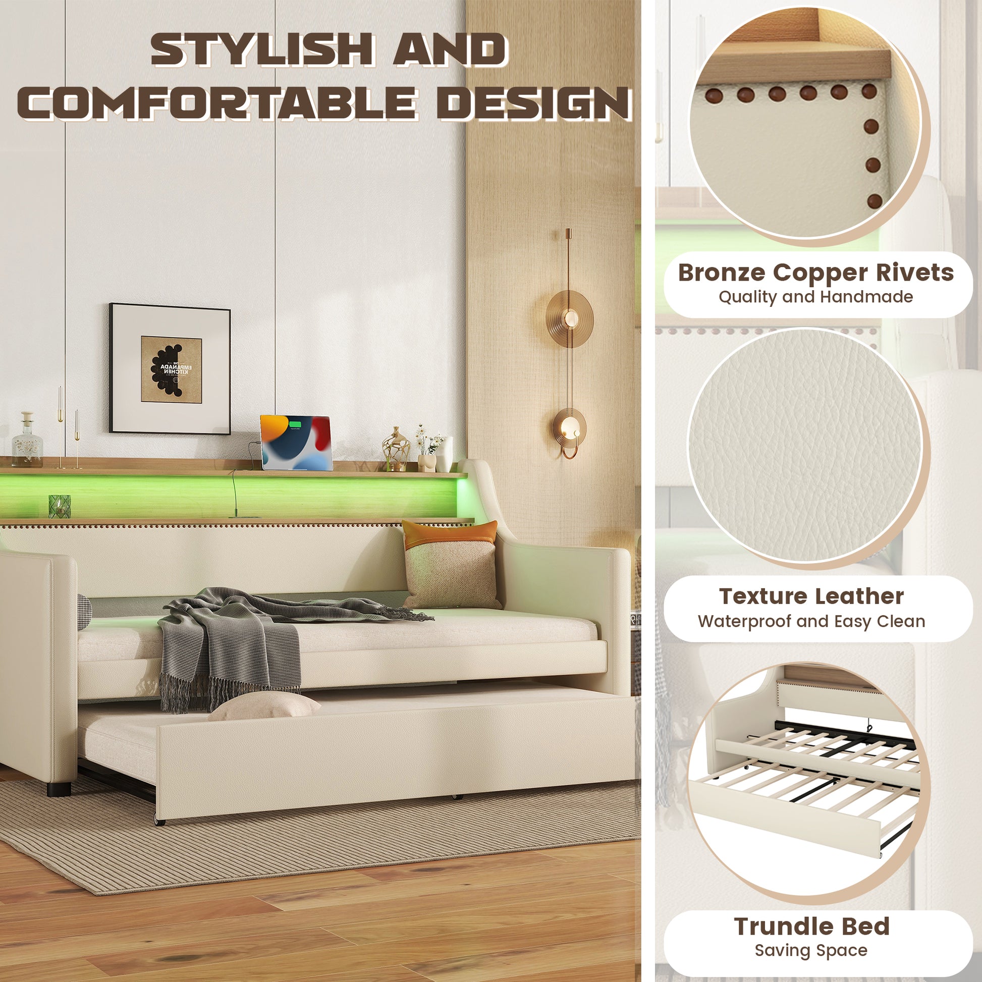 Cream leather daybed with a pullout trundle bed