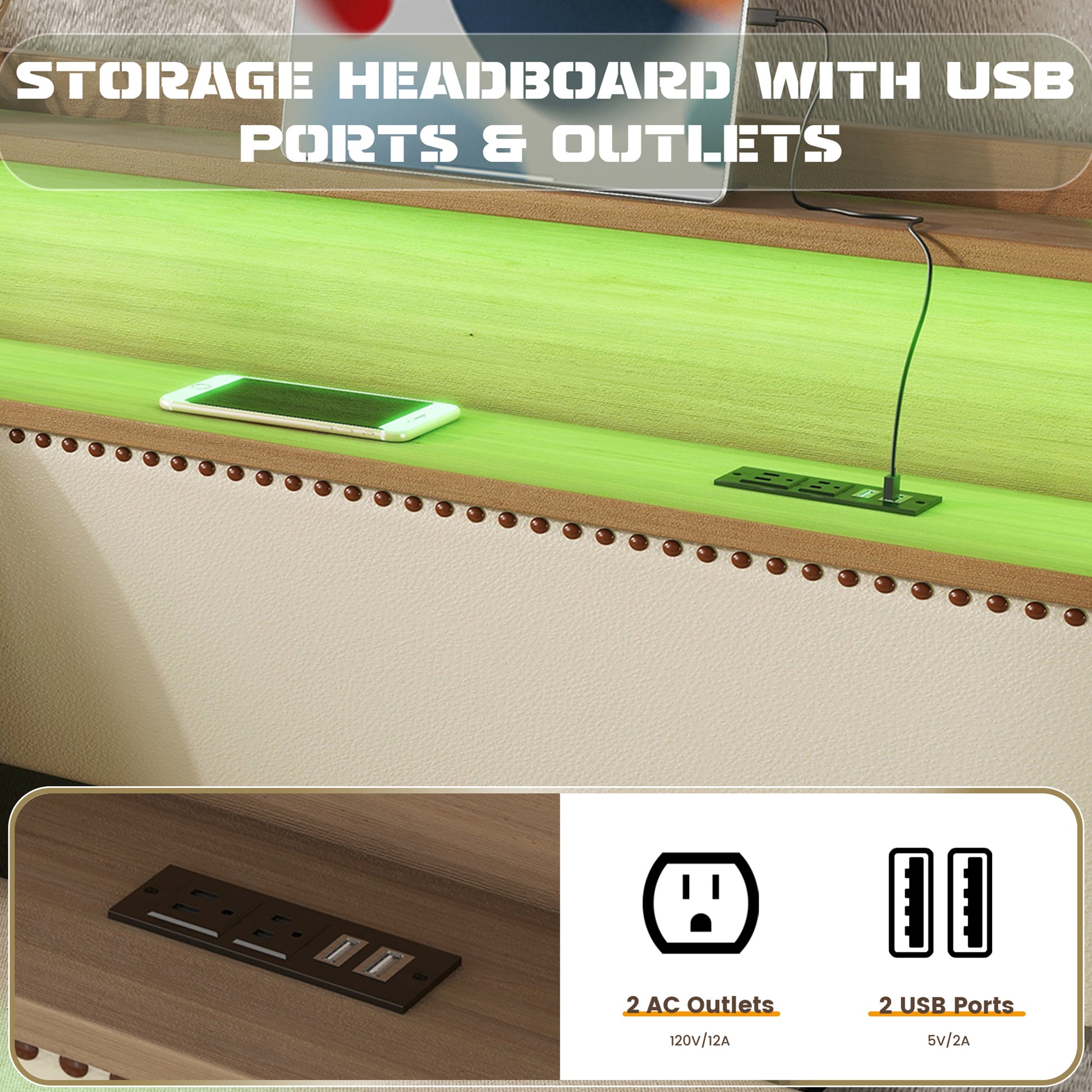 Beige upholstered headboard with embedded USB ports and outlets
