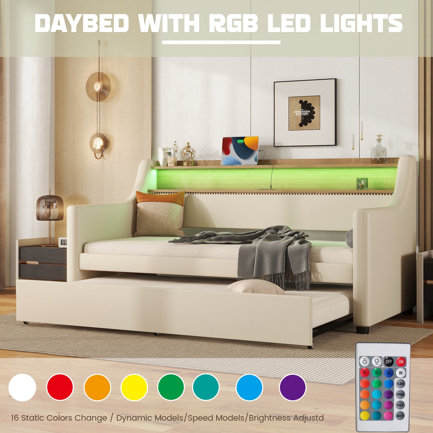 Cream upholstered daybed with pullout trundle and integrated green LED lights