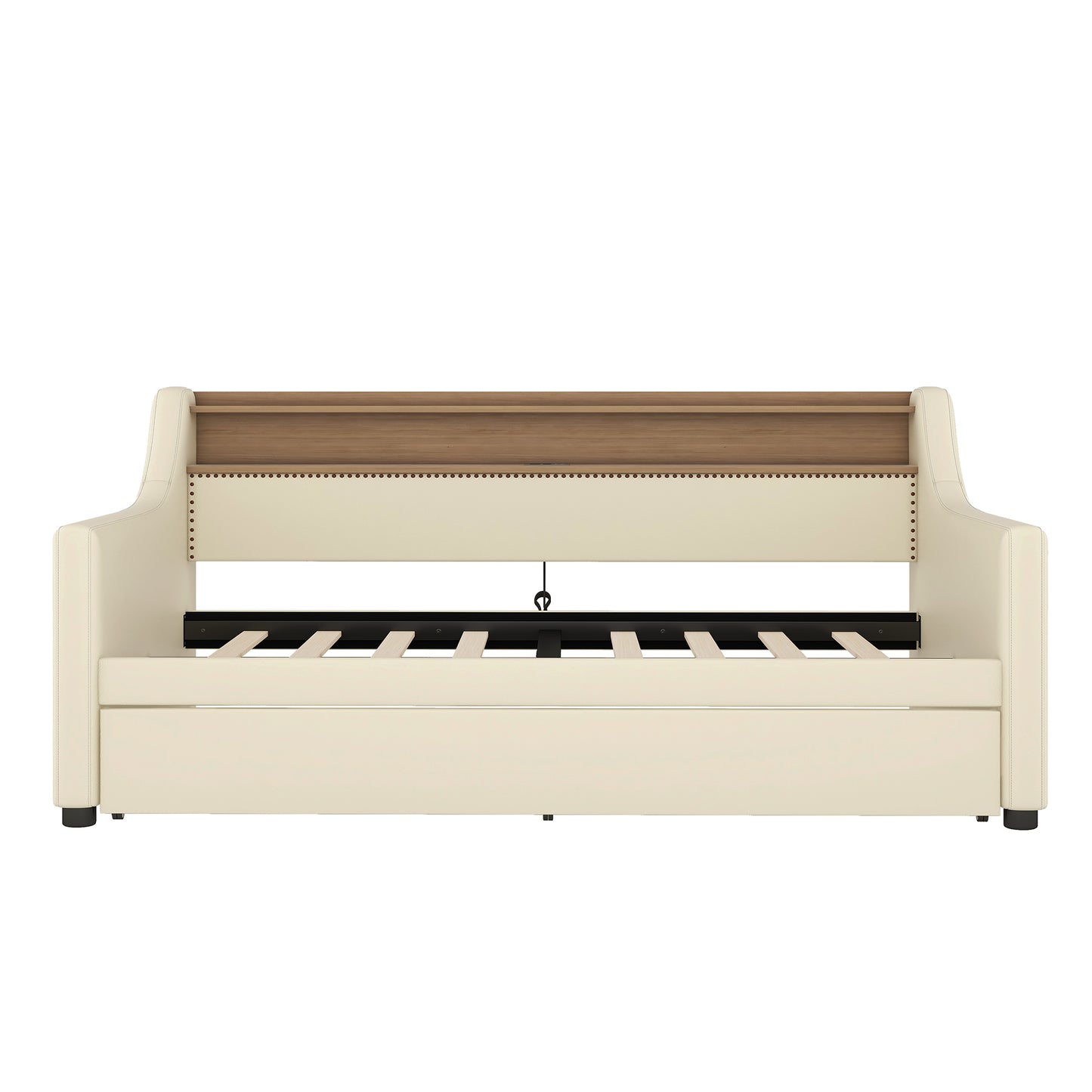 Cream upholstered daybed with wooden accents and visible slat system